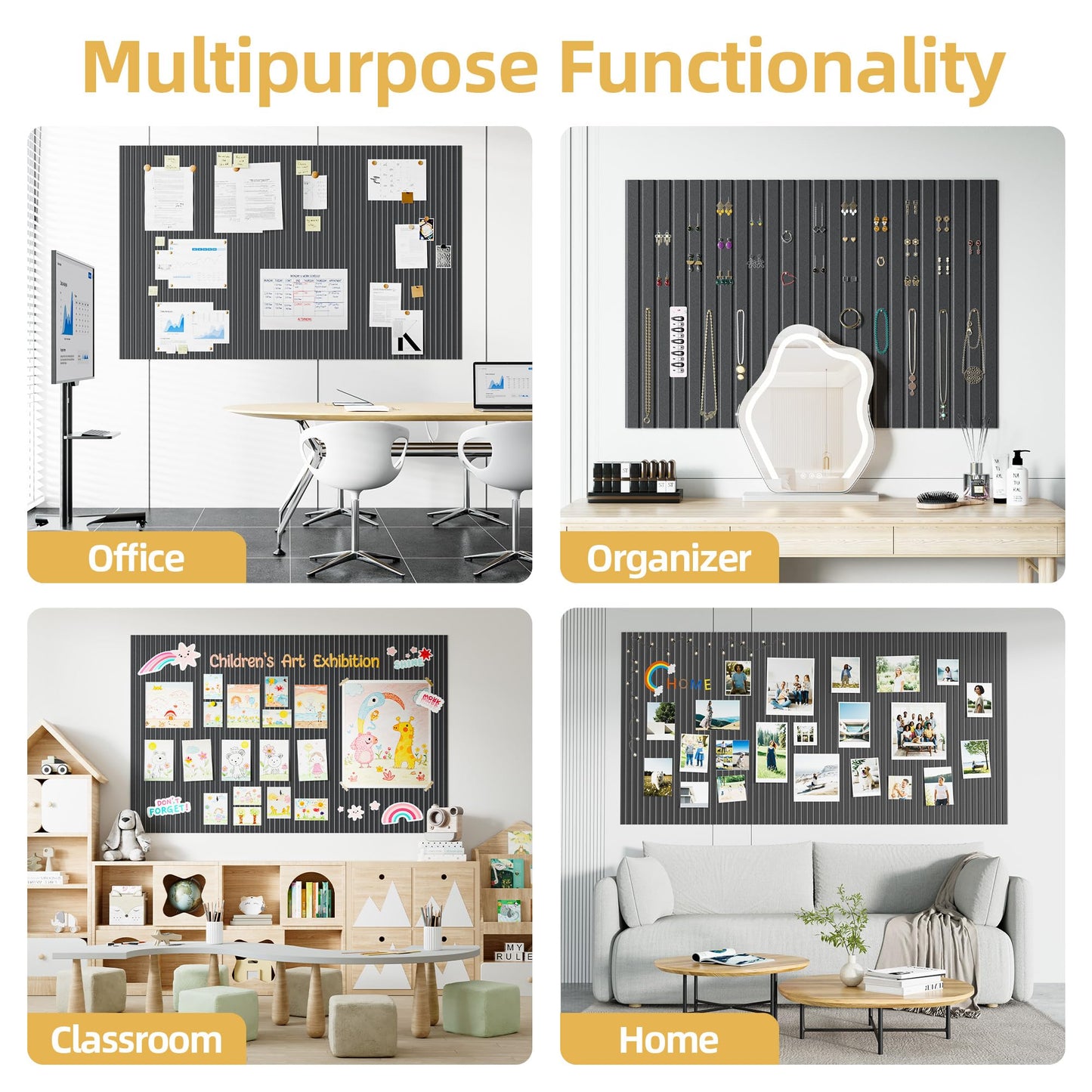 Large Cork Board for Wall 36" x 48" Black Bulletin Board with Safe Removable Adhesive Squares for Pictures Photos, Alternative CorkBoard Felt Pin Boards Tiles for Office Classroom Wall Decor-12 Pack