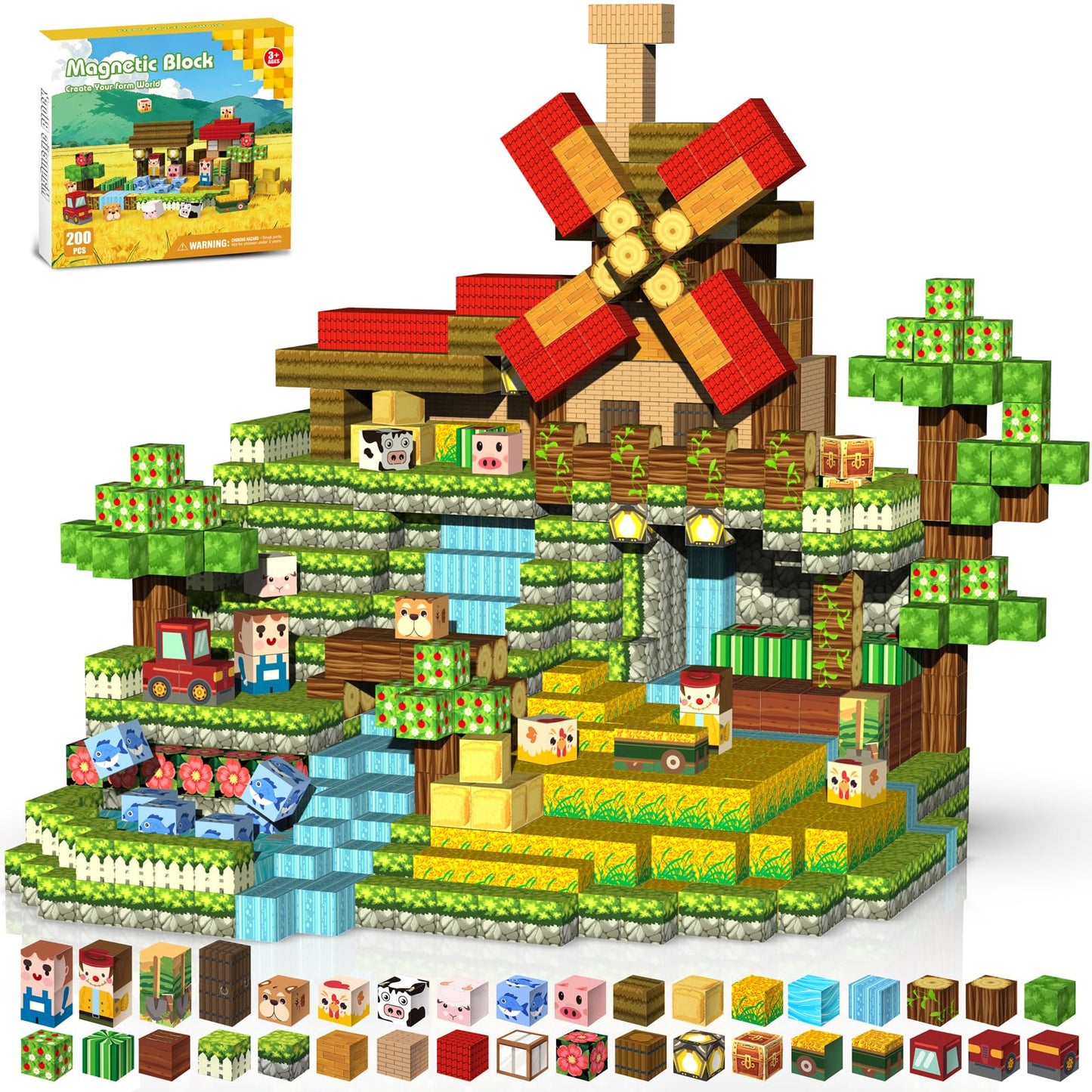 Gryxpox 200 PCS 0.8in Magnetic Blocks Set,Magnetic Building Blocks Cubes, Build Forest World Set,Stacking Magnets, STEM Sensory Toys for Ages 3+ Toddlers Kids Girl Boys Easter Birthday Gifts
