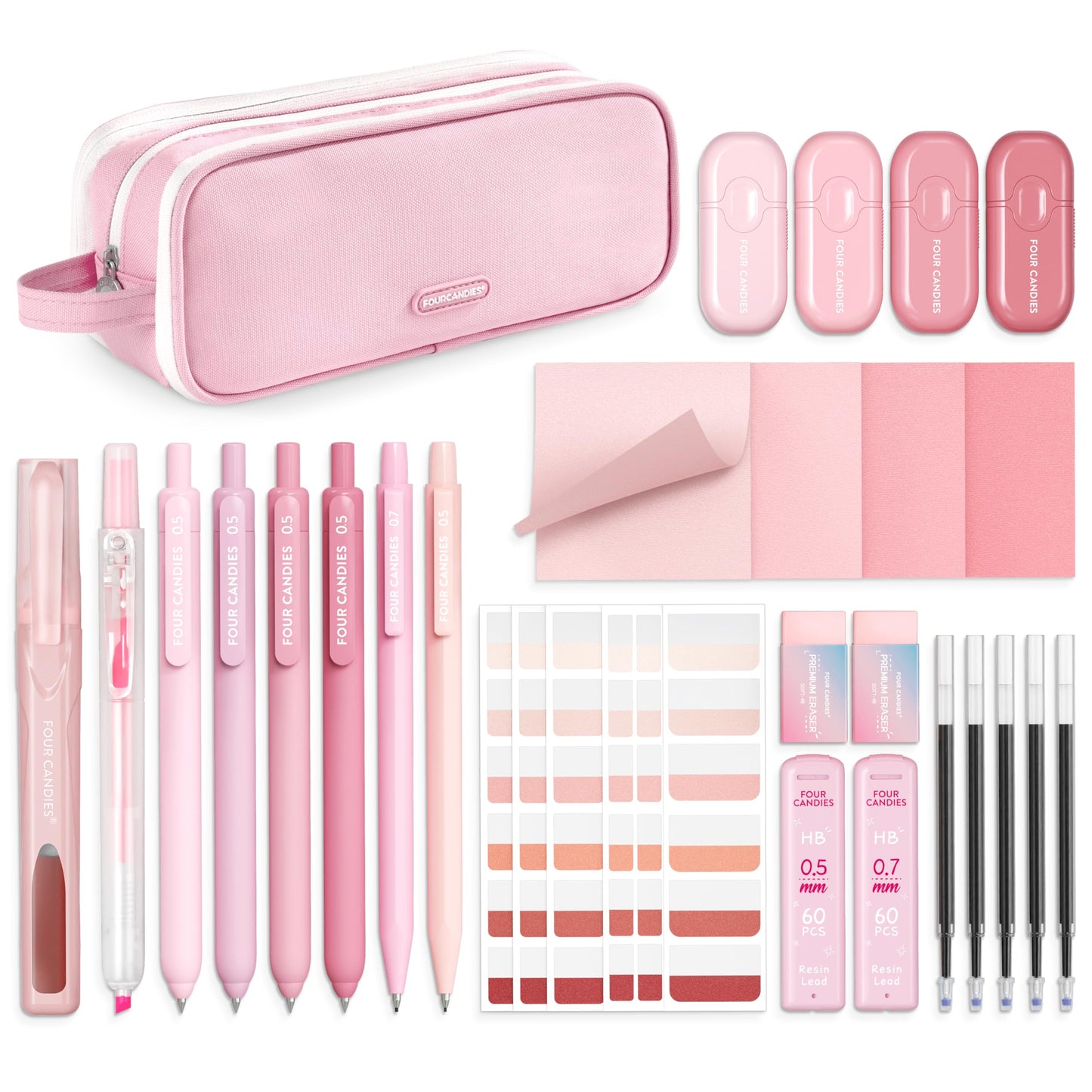 Four Candies Pink College Supplies and Nursing Essentials with Organizer, Gel Pens with Black Ink,Correction Tapes,Pastel Highlighters, Mechanical Pencils, Sticky Notes, Index Post