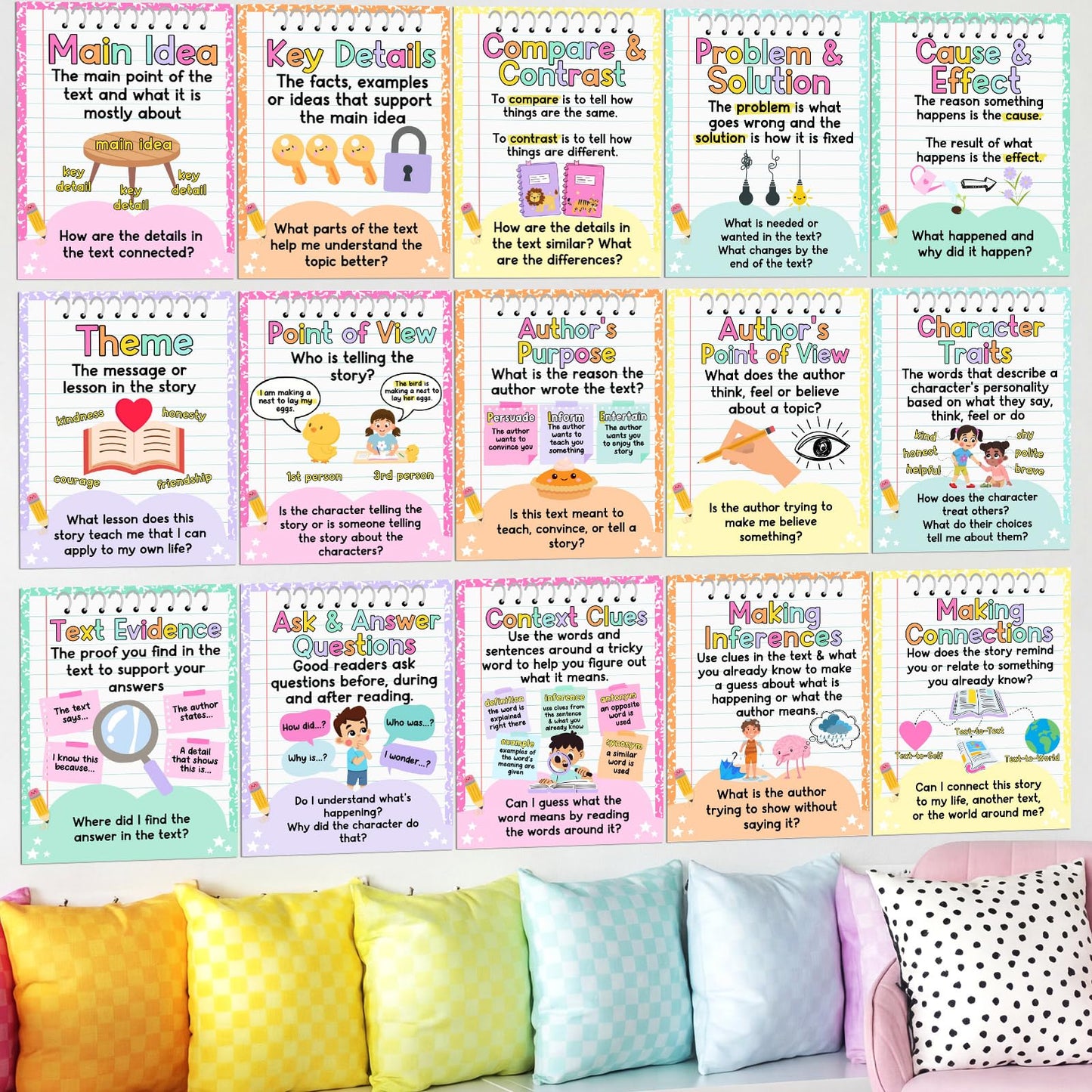Ctosree 15 Pcs Reading Comprehension Posters for Classroom 14 x 10'' Reading Bulletin Board Classroom Posters Elementary Educational Wall Decor for Hallways Library Middle High School Teacher Supplies