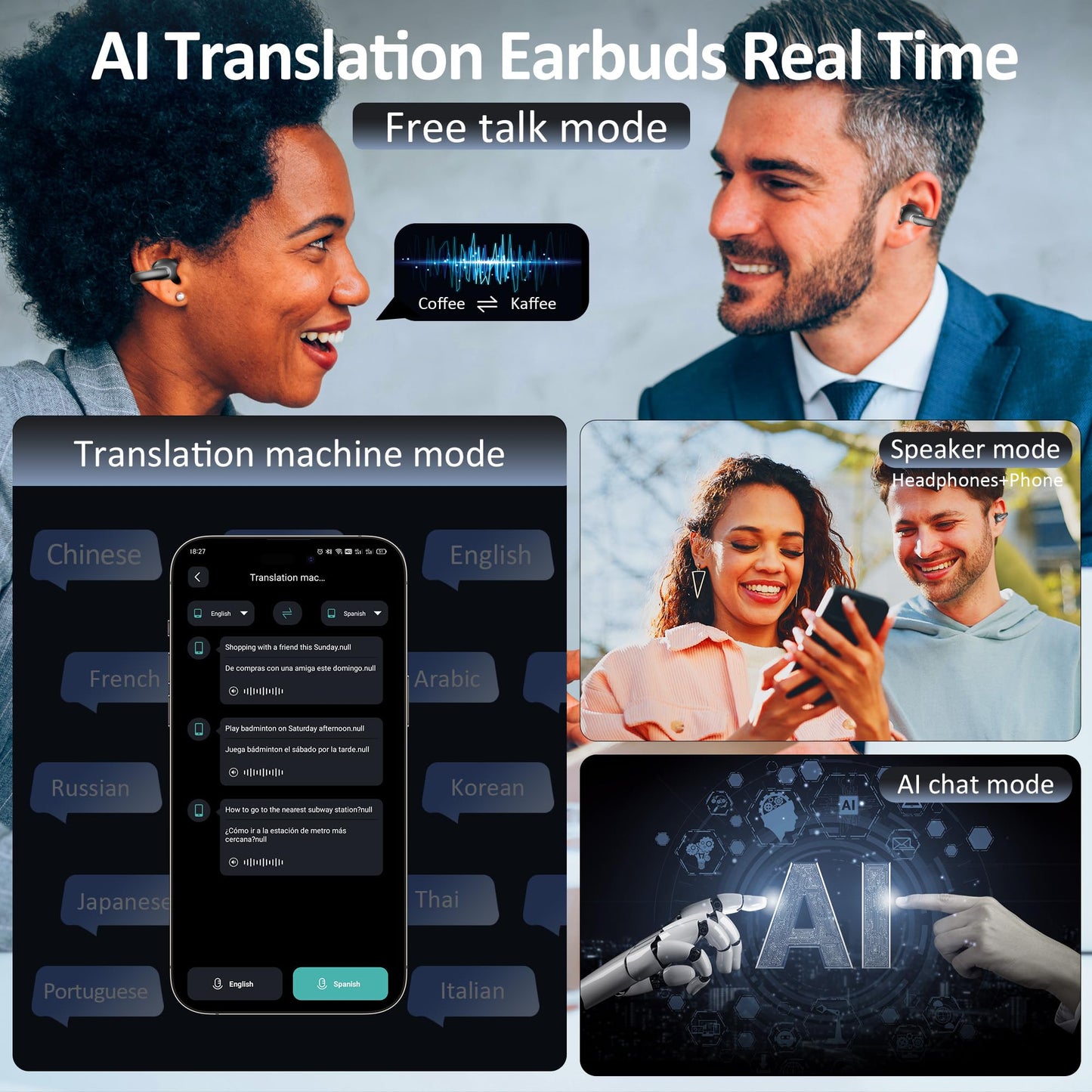 IAMJOY AI Language Translation Earbuds Real Time, Language Translator Earbuds Open Ear Clip-On Design, 163 Language & Accents Two-Way Translator Device with APP for Travel Learning Business, Black