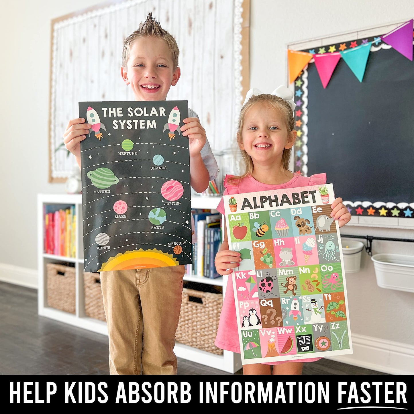 Hadley Designs 4 Alphabet, Map of United States, World Map, & Solar System Posters - Laminated ABC Charts for Toddlers Wall Decor, Cactus Posters for Kindergarten, Prek Classroom or Homeschool 11x17