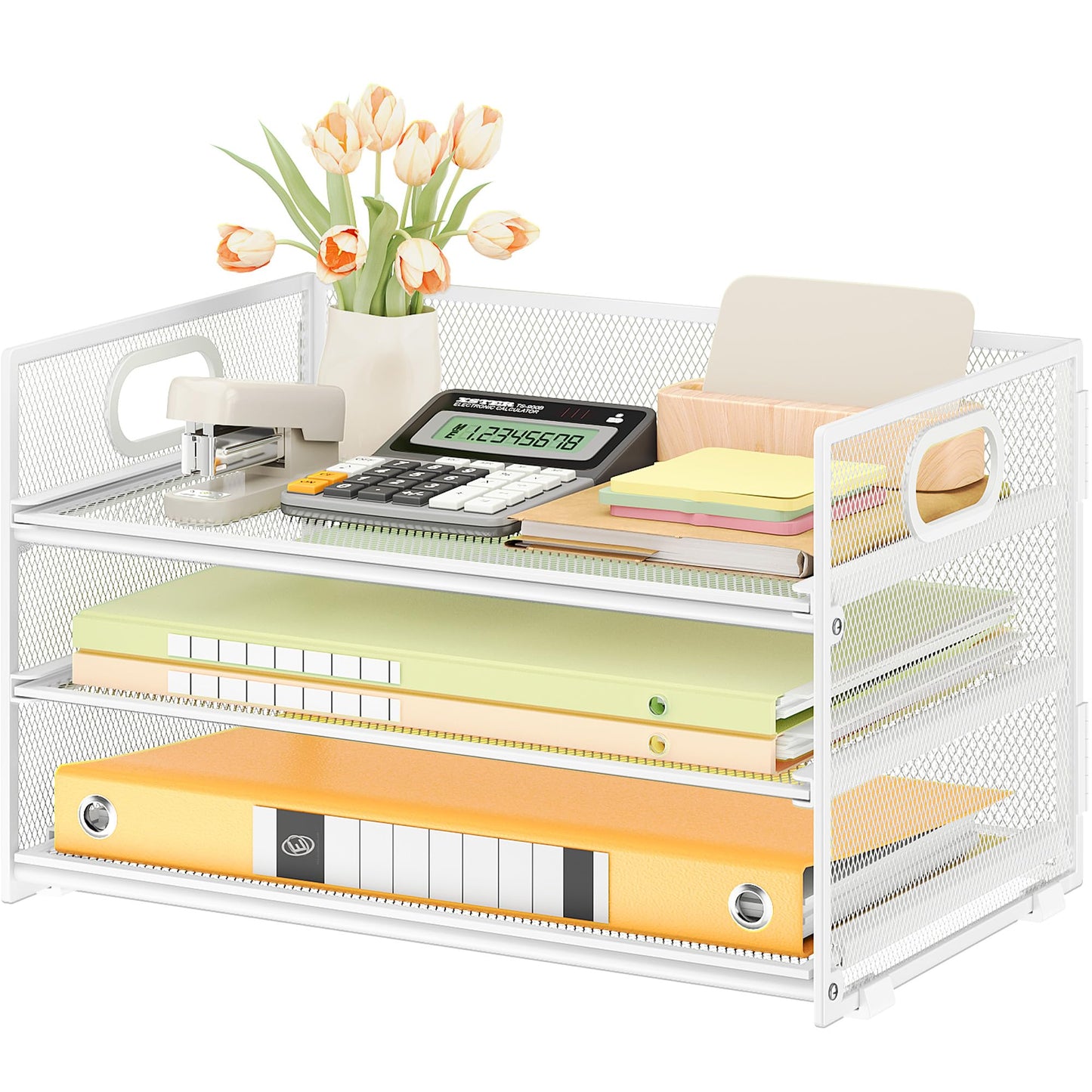 Subekyu 3 Tier Letter Tray Paper Organizer with Handle, 1 PC Sliding Tray, White Metal Mesh Desk File Folder Paper Sorter Organizer for Home Office School Desk Supplies Organization Storage