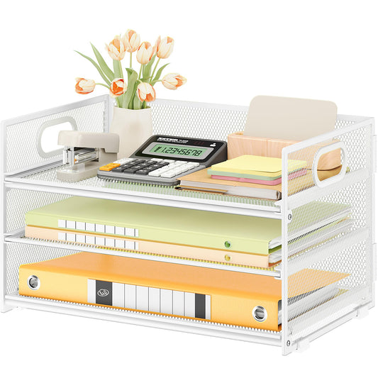 Subekyu 3 Tier Letter Tray Paper Organizer with Handle, 1 PC Sliding Tray, White Metal Mesh Desk File Folder Paper Sorter Organizer for Home Office School Desk Supplies Organization Storage
