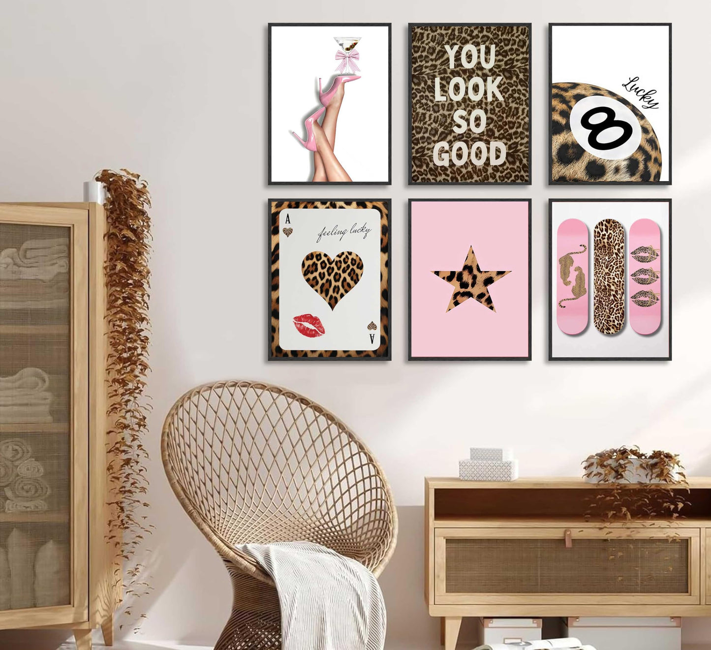 6Pcs Trendy Leopard Wall Art Funky Lucky 8 Ball Posters Prints Stylish Cheetah Room Canvas Wall Decor Preppy Aesthetic Ace Card Paintings Pictures for Girls Bedroom Apartment Dorm Unframed
