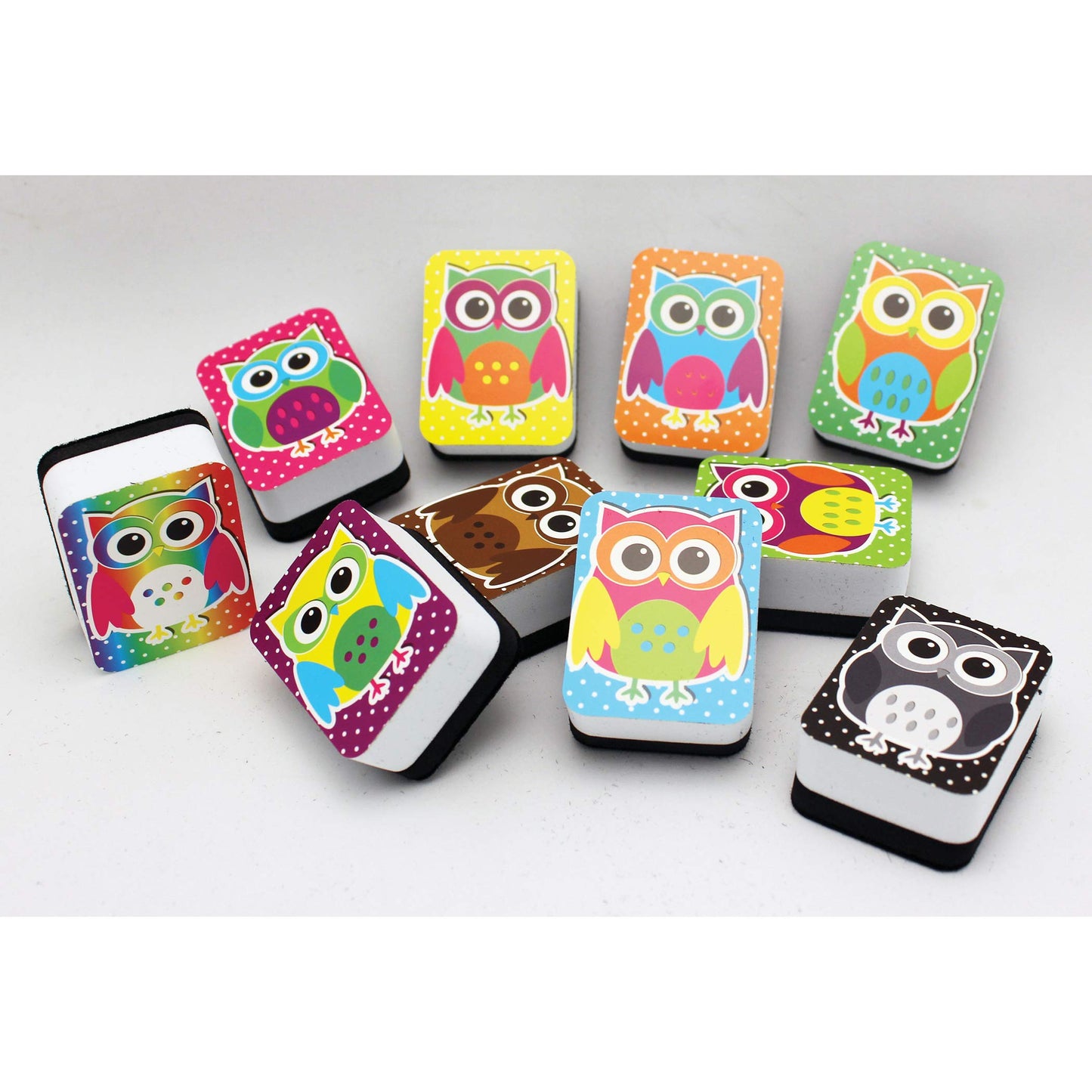 Ashley Productions Colorful Owls Non-Magnetic Mini Whiteboard Eraser (10 Pack), 2" x 1.5" x .75"