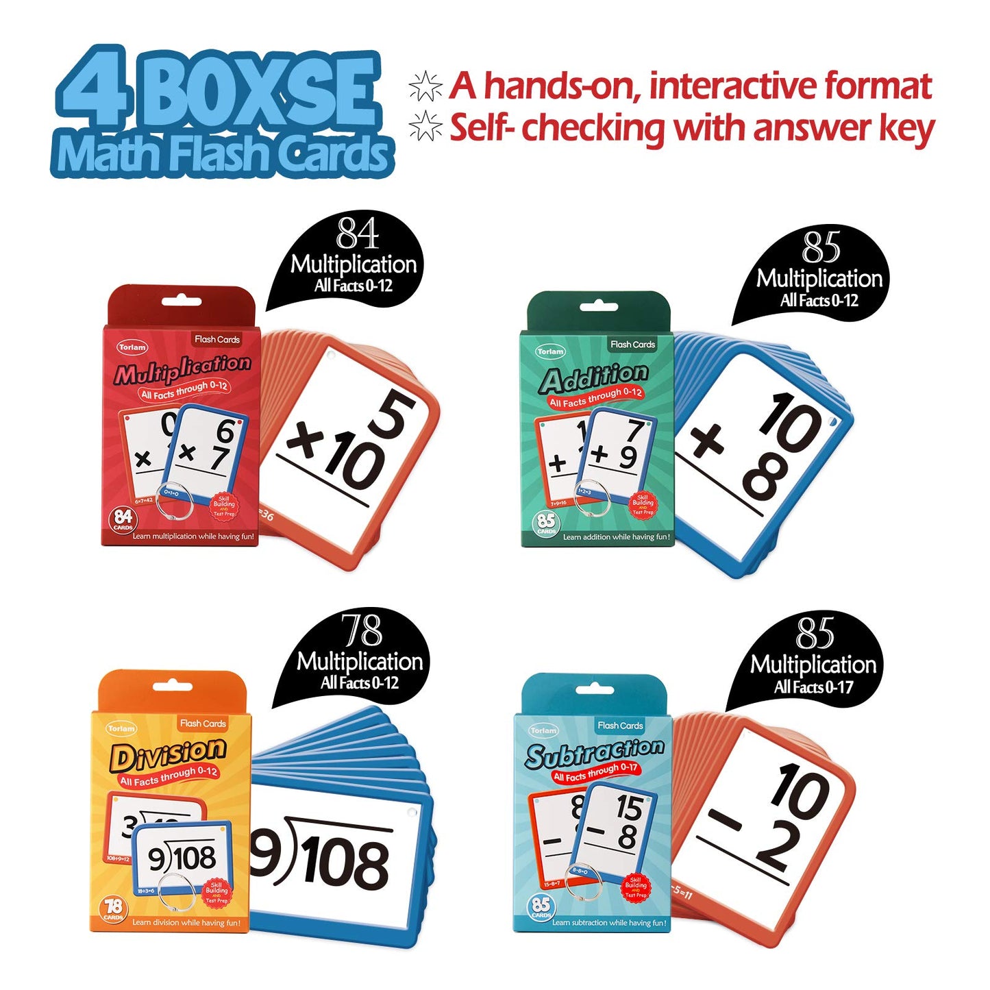 Torlam Multi Math Flash Cards for Kids Ages 4-8 - Addition, Subtraction, Multiplication, & Division - All Facts 0-12 with 4 Rings, Math Games for Kids 6-8 3rd 4th 5th 6th Grade - 332 Cards Total
