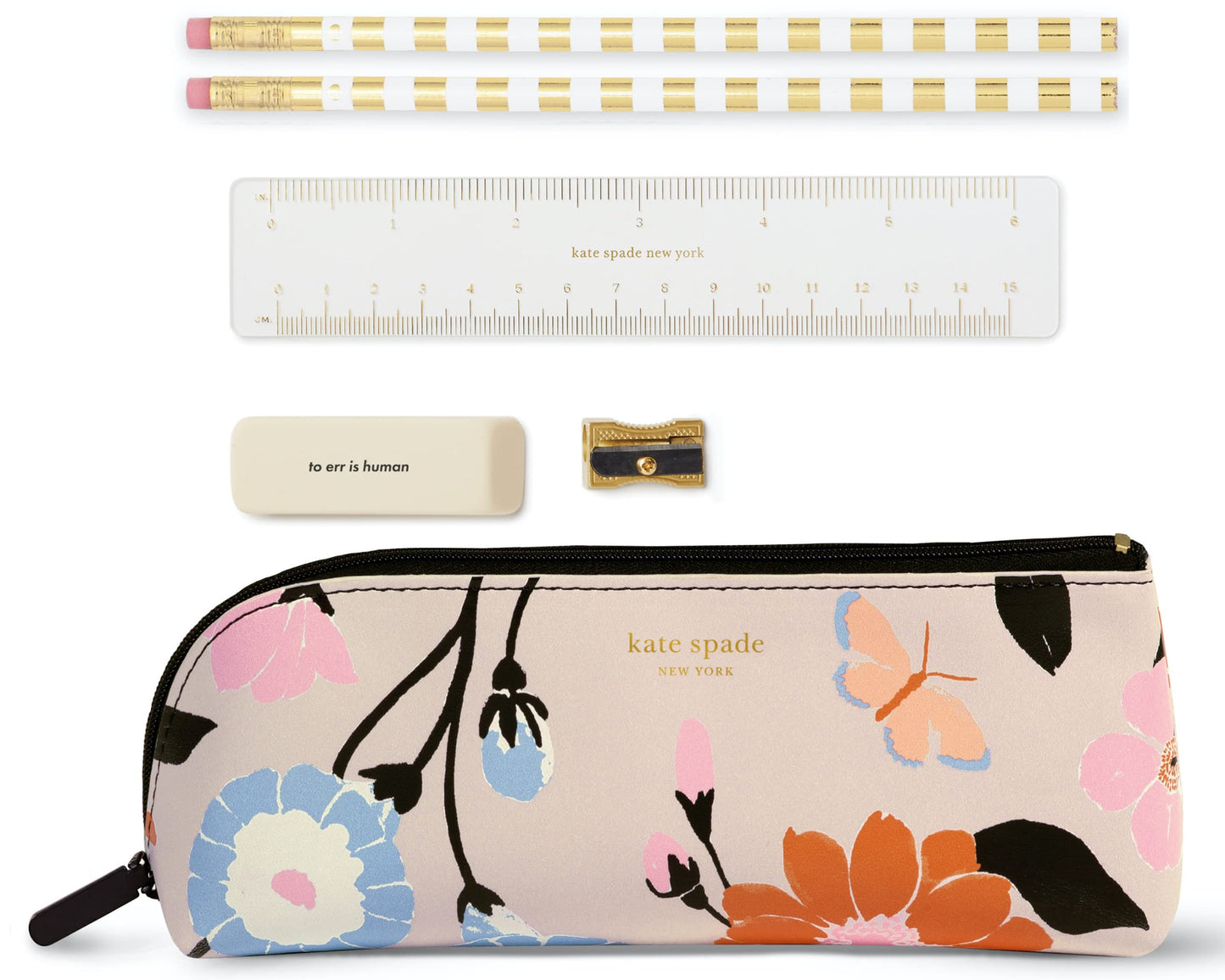 kate spade new york Pen and Pencil Case with Office Supplies, Zip Pouch Includes 2 Pencils, Sharpener, Eraser, and Ruler, Floral Garden