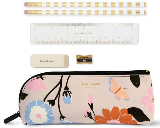 kate spade new york Pen and Pencil Case with Office Supplies, Zip Pouch Includes 2 Pencils, Sharpener, Eraser, and Ruler, Floral Garden