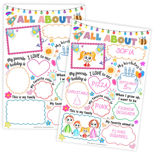 DeeDee's Workshop 25 All About Me Classroom Posters - 11 x 17 inches, Full Color Educational Wall Art for Students (English)