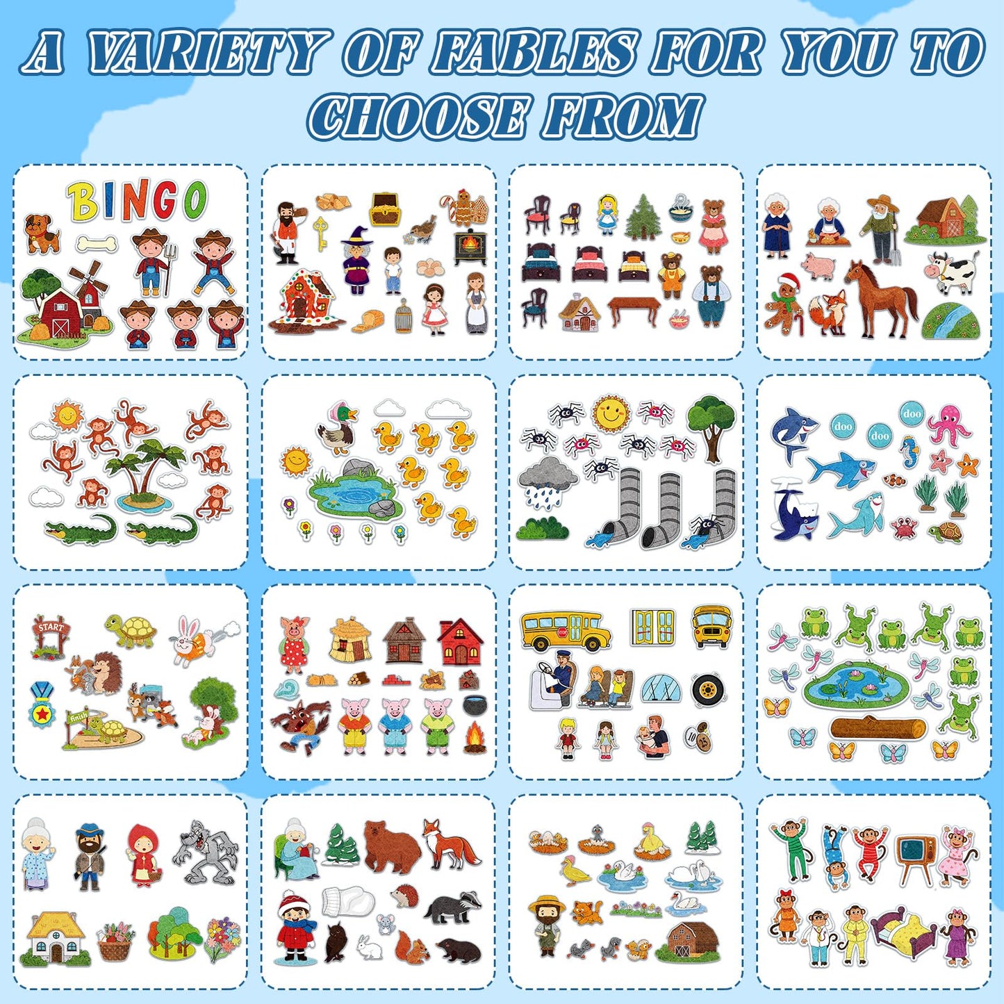 Windkream 16 Pack Felt Board Story Sets Flannel Felt Story Board Pieces with a Multi Functional Pieces Storage Binder and 16 Pcs Pocket for Activities Time(Fairy Stories)