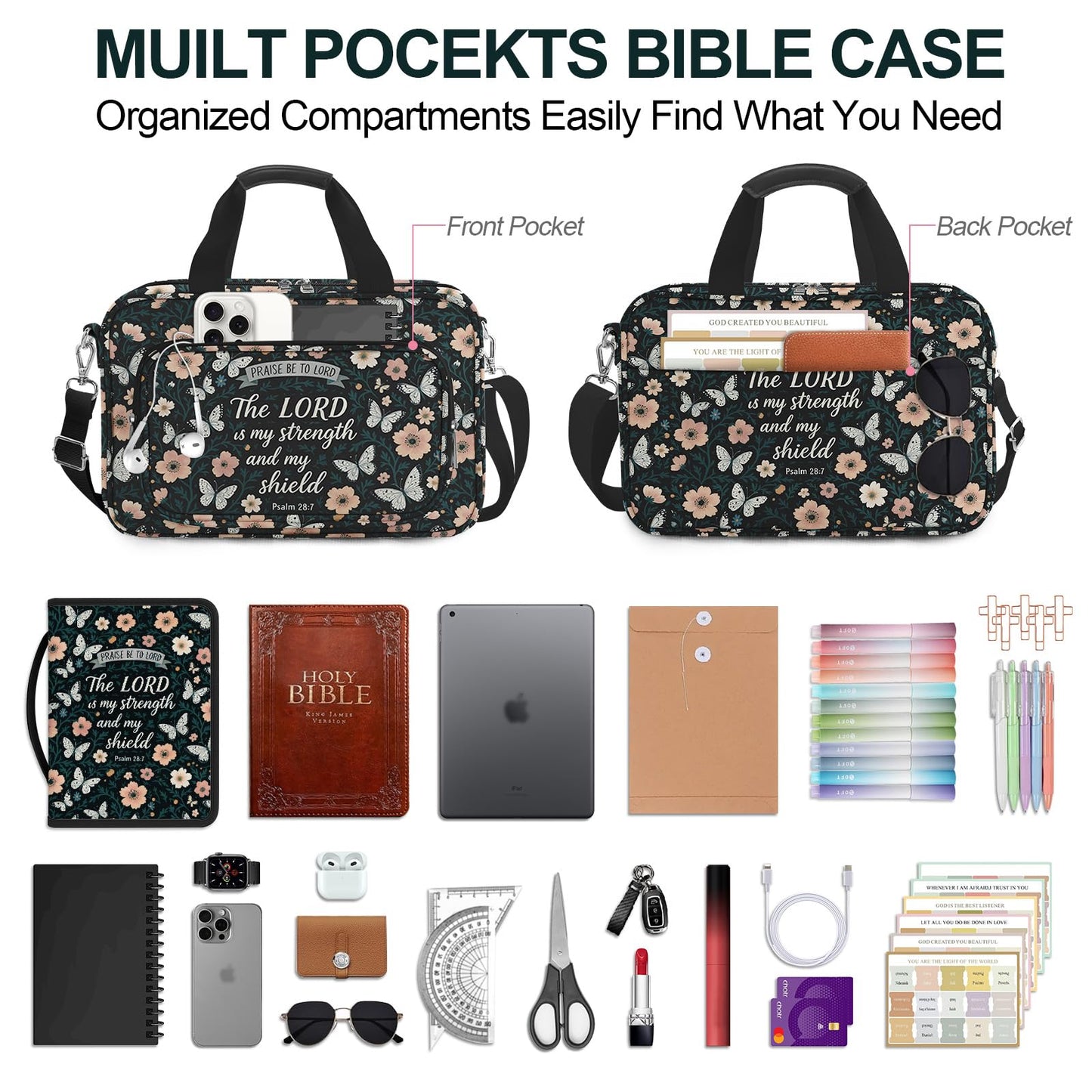 IBOVODI Butterfly Floral Bible Cover Case for Women Bible Study Supplies Accessories Boho Church Bag Christian Gift Book Carrying Case with Shoulder Strap Handle Journaling Kit Large Bible Book Sleeve