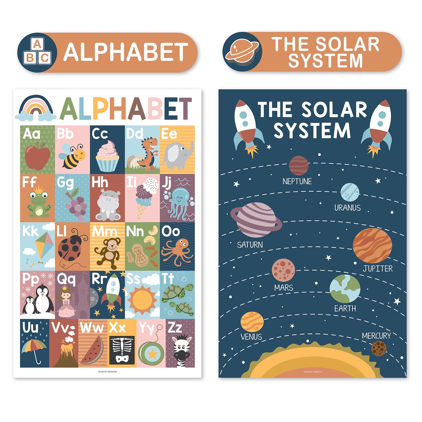 Hadley Designs 4 Alphabet, Map of United States, World Map, & Solar System Posters - Laminated ABC Charts for Toddlers Wall Decor, Boho Posters for Kindergarten, Prek Classroom or Homeschool 11x17