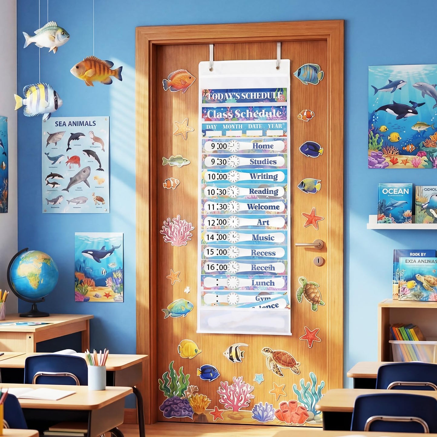 Sunnymove Ocean Daily Schedule Pocket Chart For Classroom Decor With 13+1 Pockets And 42 Designed Schedule Cards, Teacher Supplies For Preschool Classroom Home Office Back To School Decorations