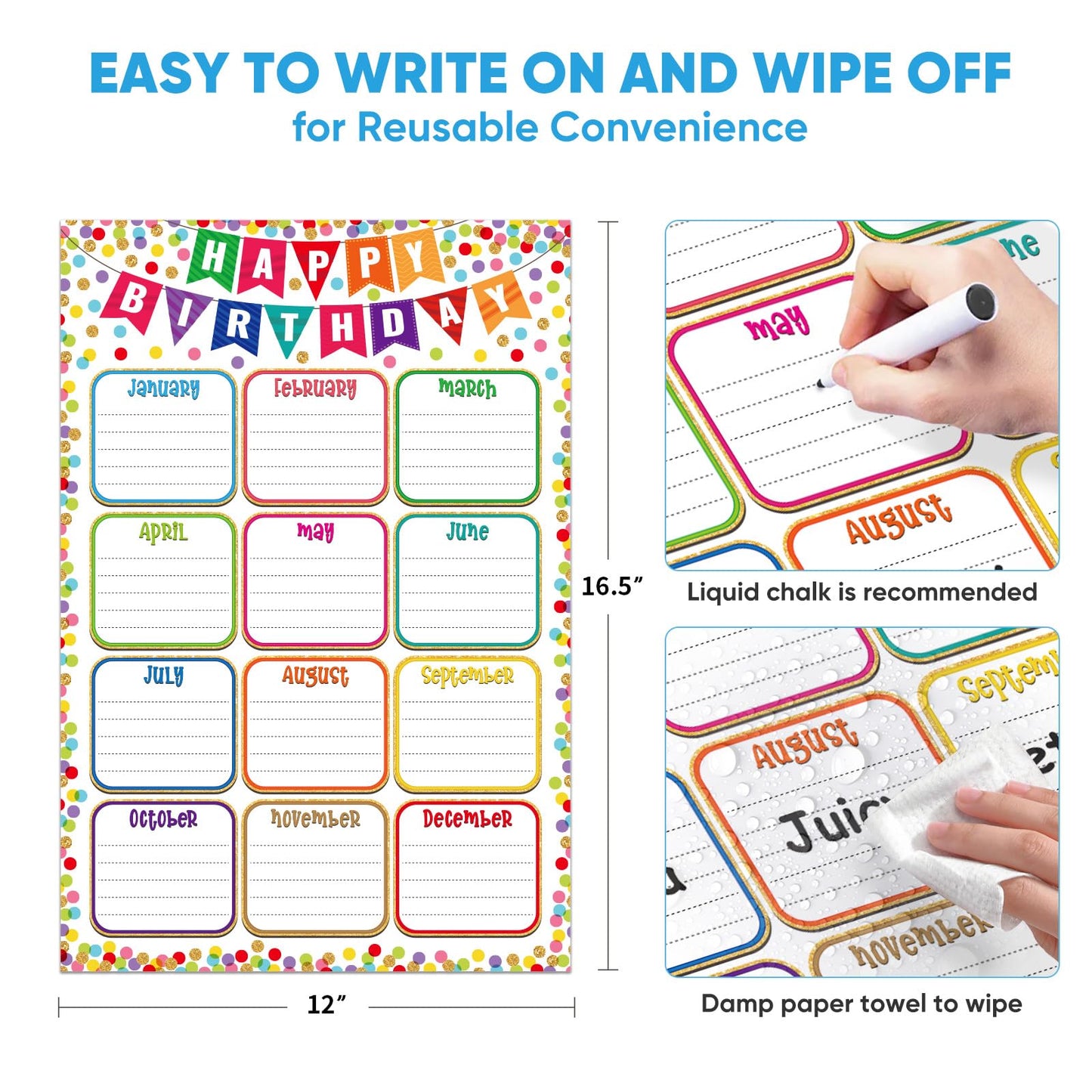 FaCraft Birthday Chart Poster for Classroom - Reusable Laminated 16.5" x 12" Happy Birthday Calendar for Bulletin Board Decoration Confetti Back to School Teacher Supplies for Elementary & Preschool