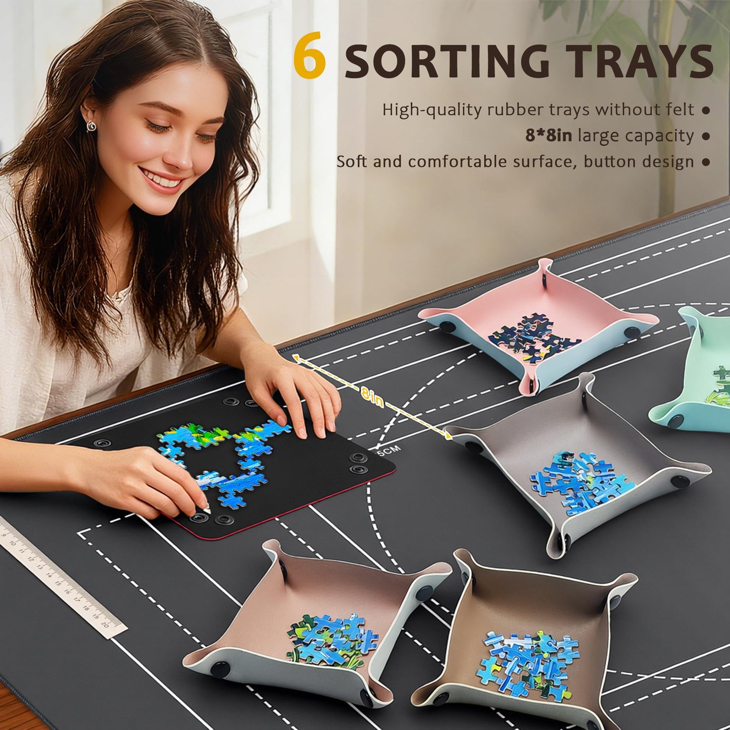GOECI Puzzle Mat Roll Up with 6 Leather Sorting Trays - 42" x 25" Large Jigsaw Puzzle Saver Mat,Portable Puzzle Keeper for Up to 1500 Pieces,Includes Storage Bag & Foam Tube for Adults