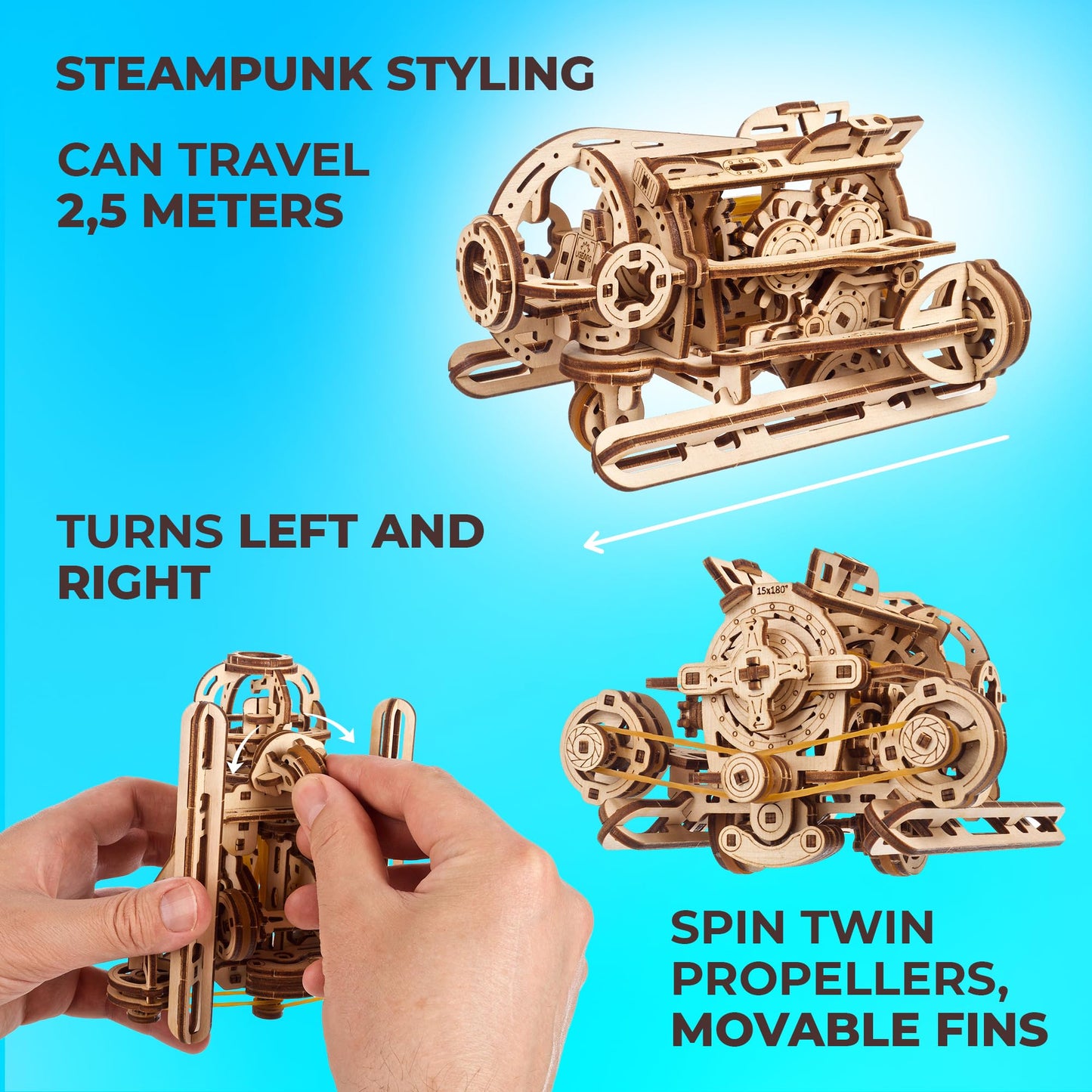 UGEARS 3D Wooden Puzzles for Adults - Steampunk Submarine Wooden Model Kit – Mechanical Puzzle Model Building Kits - DIY Kits for Adults for Maritime Enthusiasts Gifts for Puzzle Lovers - 200 Pcs