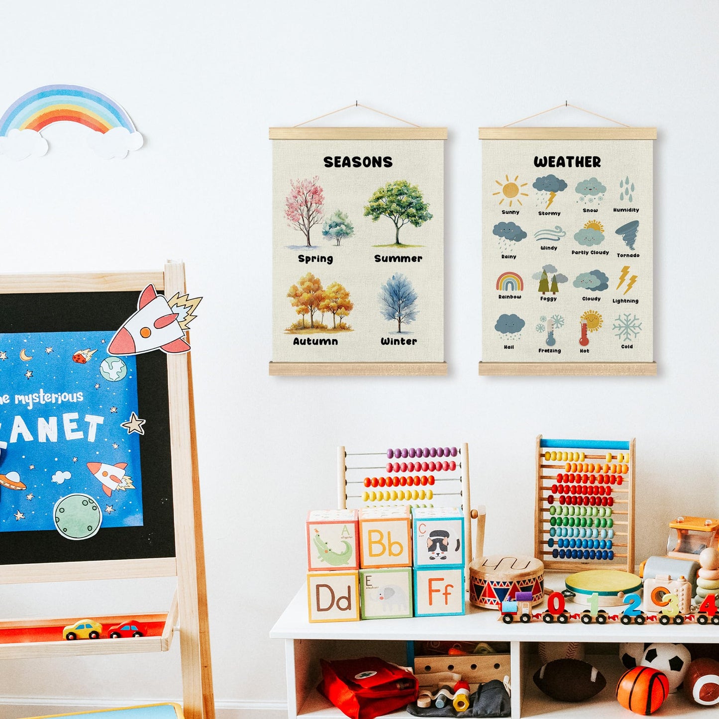 BCUANGD Classroom Wall Decor - Toddlers Kids Wall Art Poster Hanger with Wood Frames Set of 2, Learning Educational Wall Hanging Canvas Decor for Playroom Nursery Toddler Kids Room, 12x16 Inches