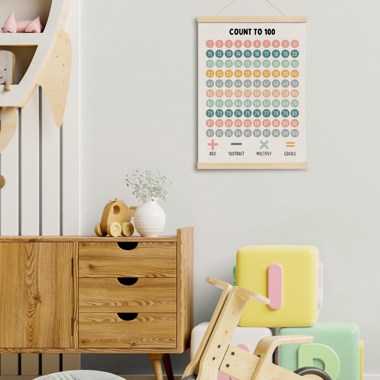 MOTERMATE Boho 1-100 Number Chart Wall Art Poster, Educational Toddler Learning Homeschool Canvas Poster Hanger Frame for Preschoolers, Hundreds 100 Chart Wall Hanging Decor for Kids Classroom,12x16In