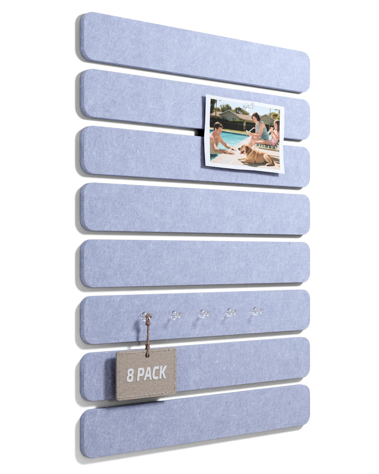 Fluxynara Cork Board Alternative Felt Strip Board 8-Pack 13"x2", Office Pin Board with 50 Push Pins, Adhesive Install for Bedroom Door & Home Office (Soft Periwinkle)