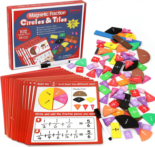 Torlam Magnetic Fraction Tiles & Fraction Circles Activity Set - Math Manipulatives for Elementary School - Fraction Magnets & Resources - Fraction Strips & Bars