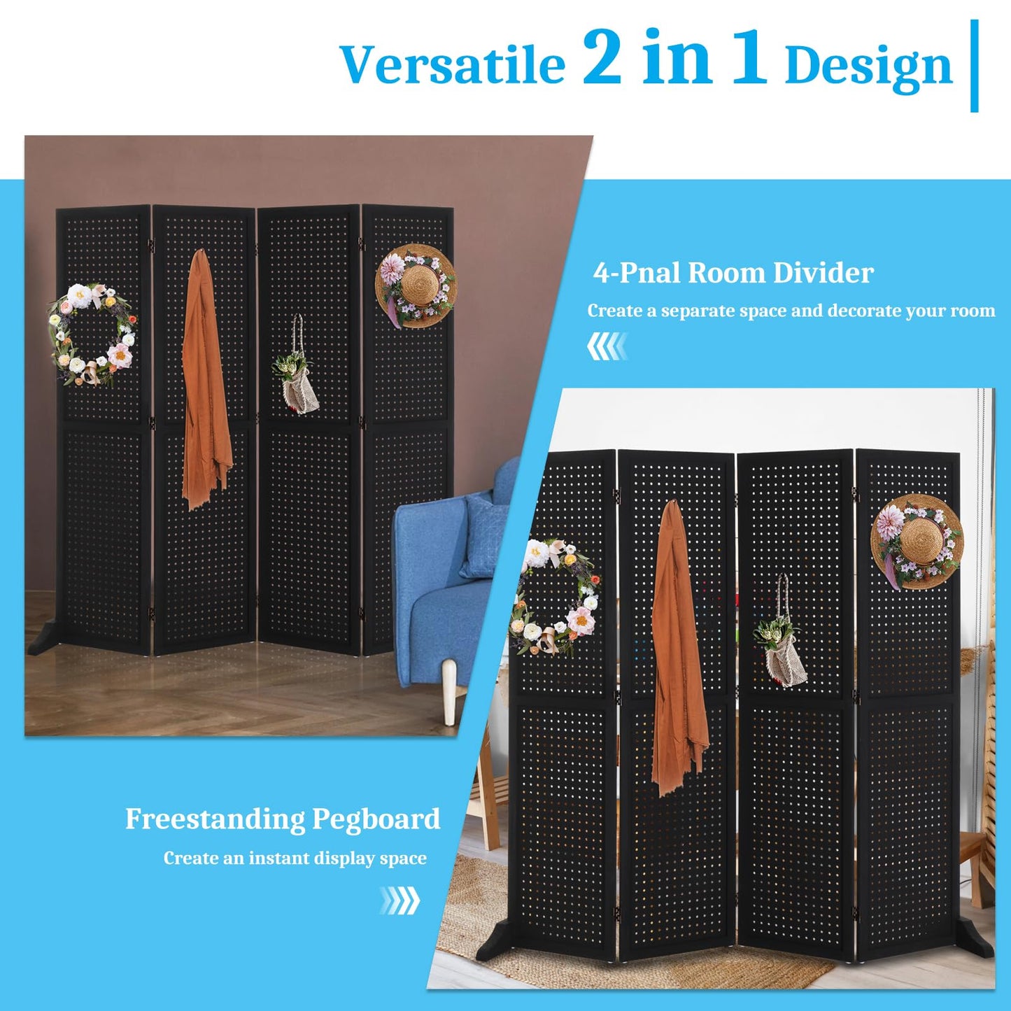 Bonnlo 4 Panel Pegboard Freestanding, 5 FT Portable Display Board Organizer for Craft Show Jewelry, Wooden Folding Privacy Screen Room Divider (with Base, Black)