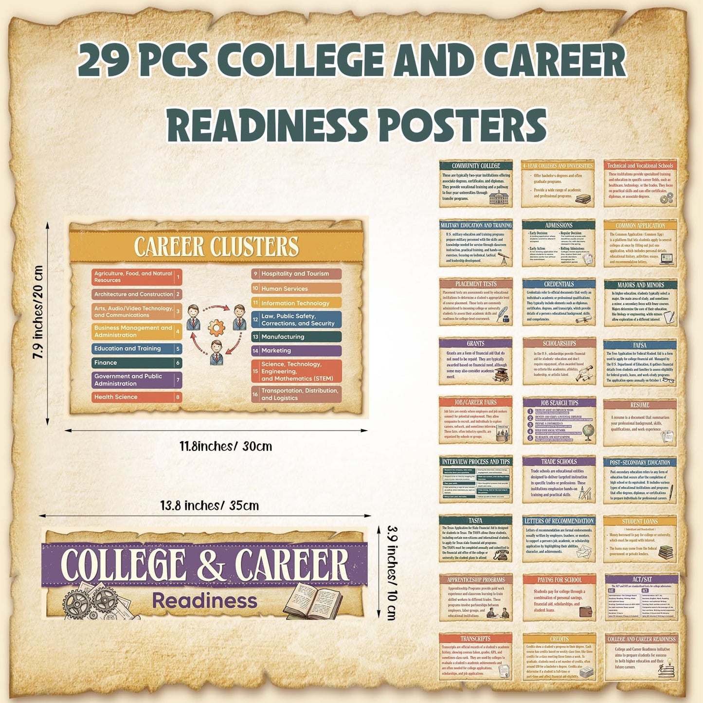 Outus 29 Pcs College and Career Readiness Posters Bulletin Board Kits for High School Classroom Decorations College Jobs and Career Interactive Bulletin Board Set Higher Educational Poster (Retro)