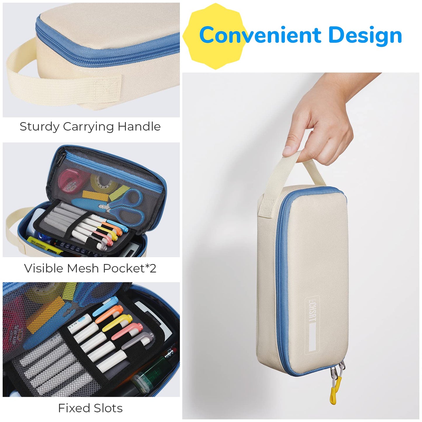 ECHSRT Pencil Case for Men Women, Large Pen Bag for Adults, Portable Pencil Pouch Aesthetic with Handle, Zipper Cases for Office Organizer Beige