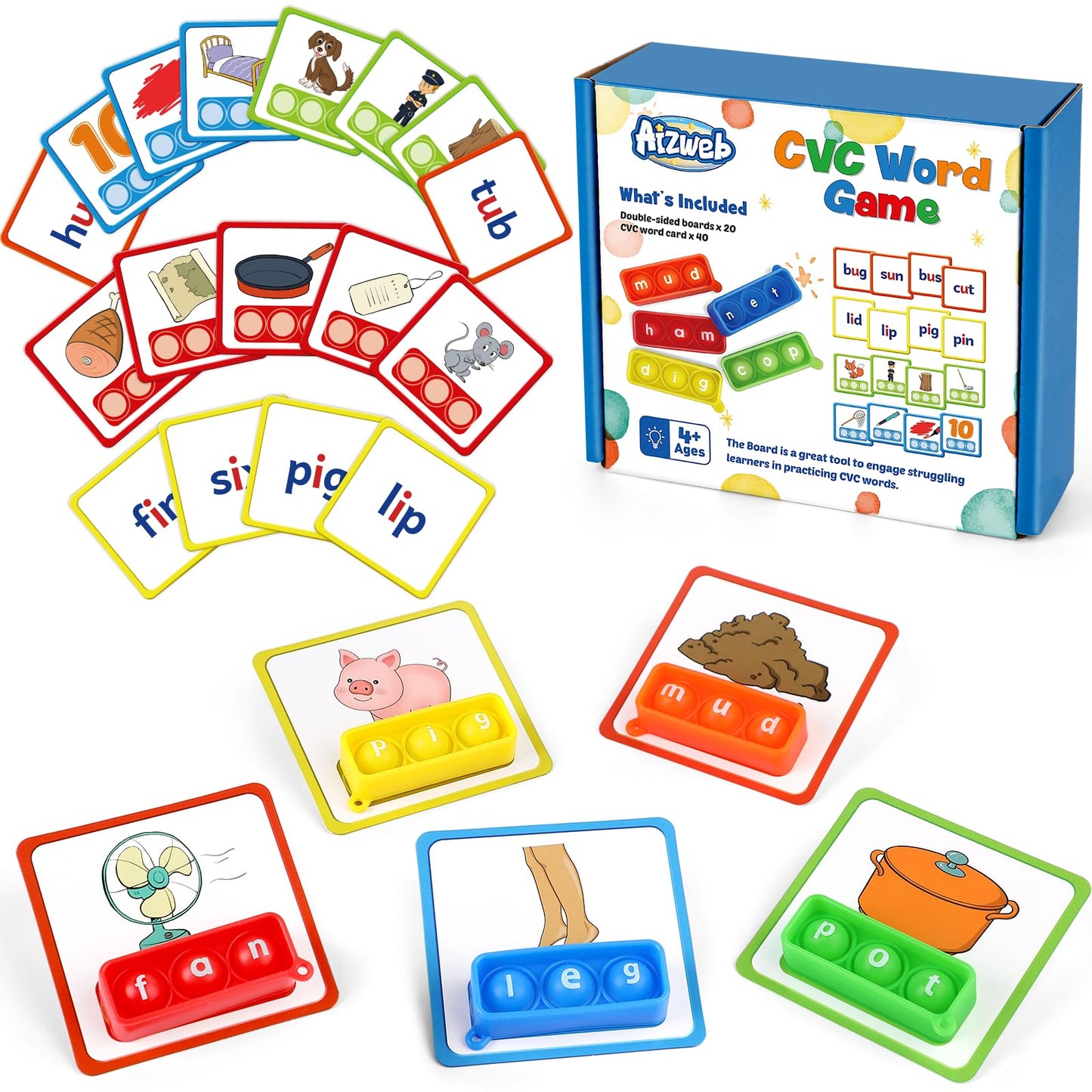 Aizweb CVC Word Games Kindergarten,Phonics Games for Kids Ages 3-8,CVC Flashcards for Preschool Special Education Classroom Supplies,Reading&Spelling Activity Phonics Manipulatives for Kids