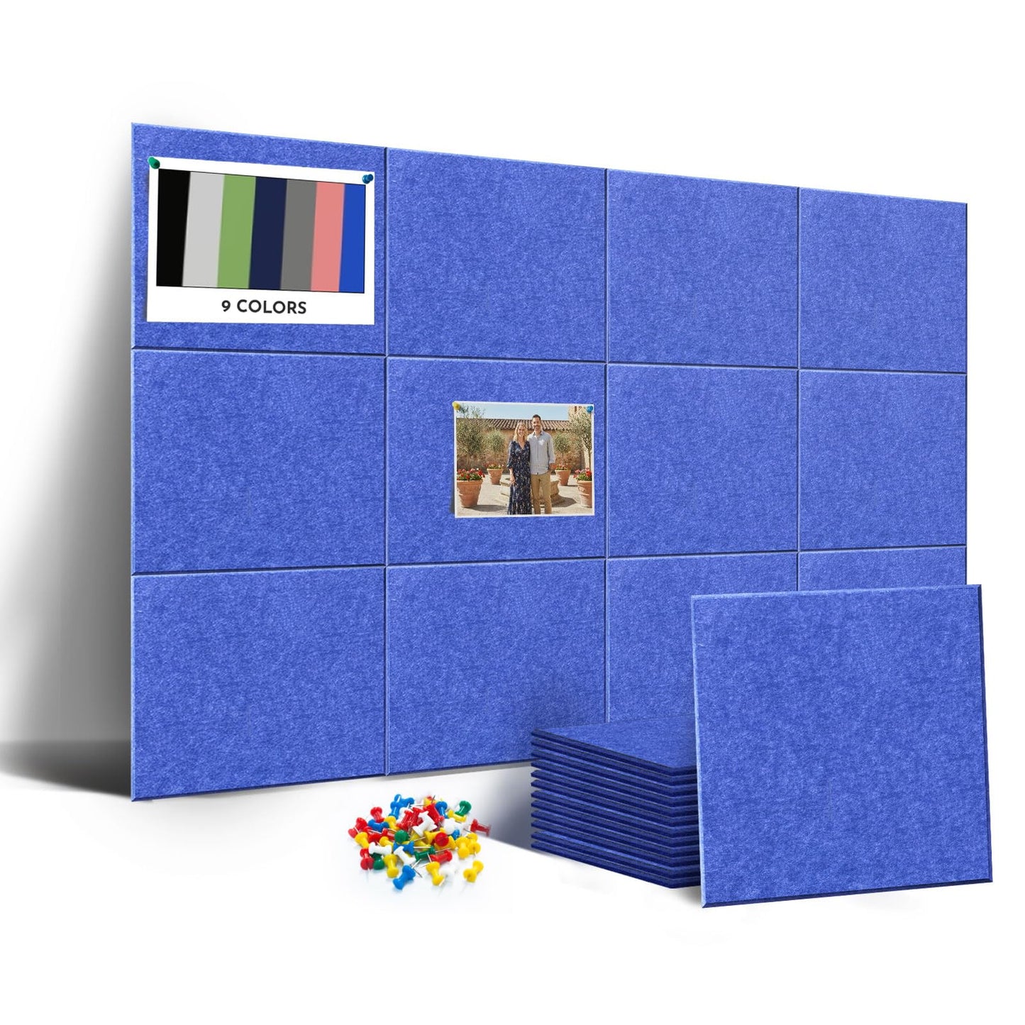 MISSDAY Blue Acoustic Wall Panel Felt Bulletin Board 48" x 36" Cork Board for Wall, 12-Pack Boards with 72 Removable Adhesive Tabs, 50 Pins, Pin Board for Home Office Classroom Soundproof Wall Tile