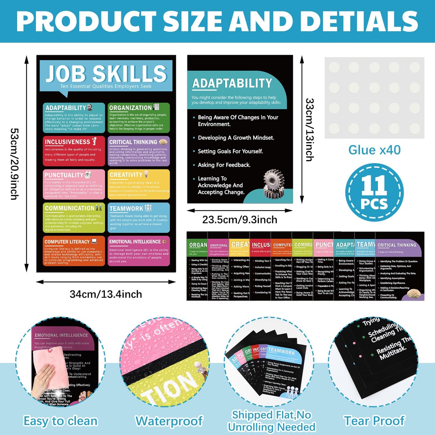 Fullhawl 11 Pcs Job Skills Posters Educational Bulletin Board Set for College School Classroom Decorations Essential Qualities Employers Seek Posters for Library Reading Corner Wall Supplies (Black)