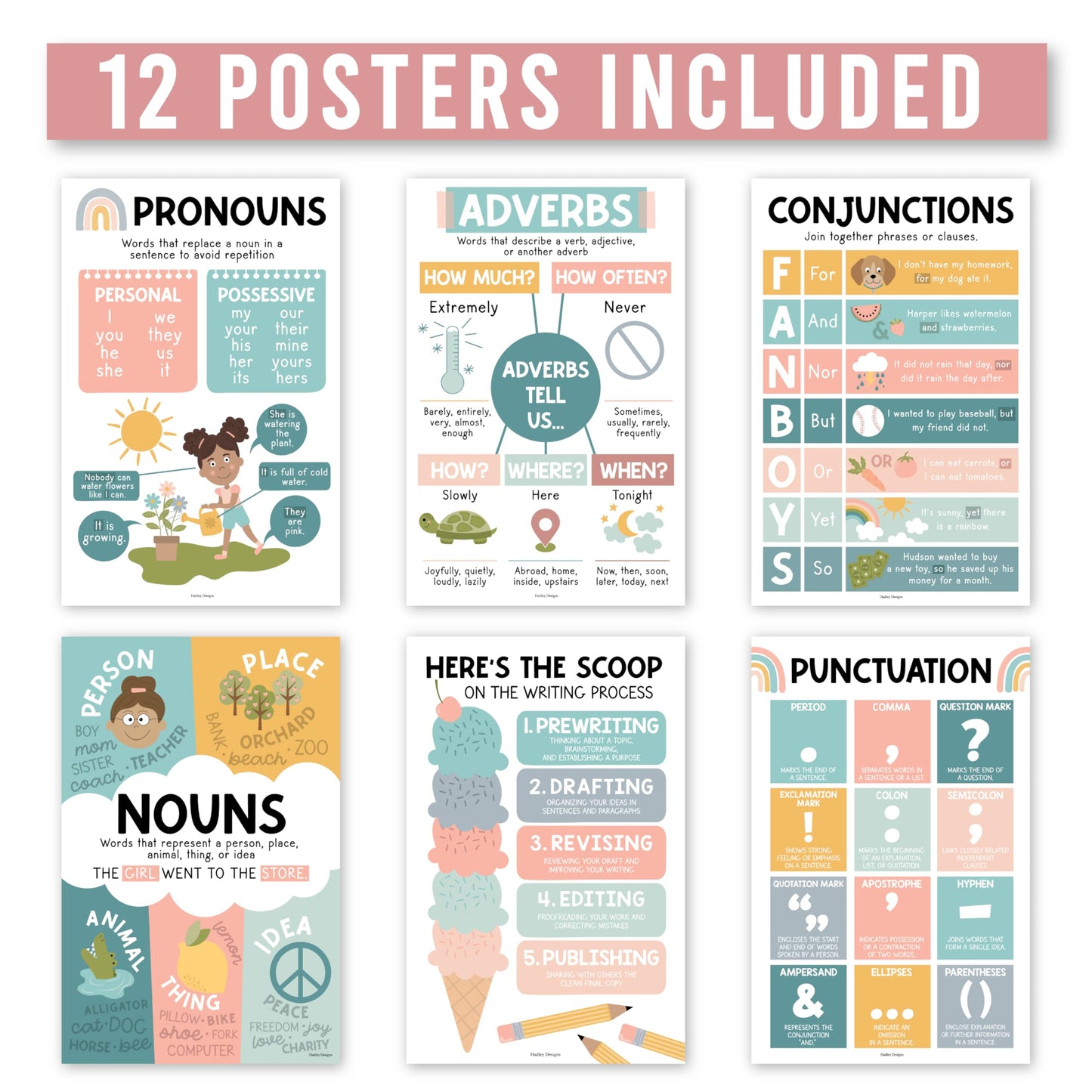 Parts of Speech Posters for Classroom Must Haves - 12 Grammar Posters, Writing Process for Homeschool, Elementary & Middle School, ELA 3rd 4th & 5th Grade Teacher Must Haves, Boho Classroom Décor
