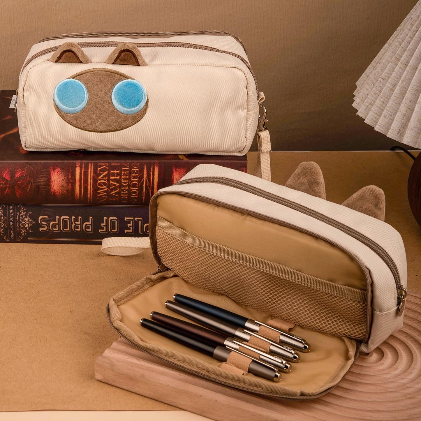 Hongdian Large Capacity Pencil Case Tan Color, 3D Cat Pen Bags Pencil Pouch Organizer for Office College School Stationery