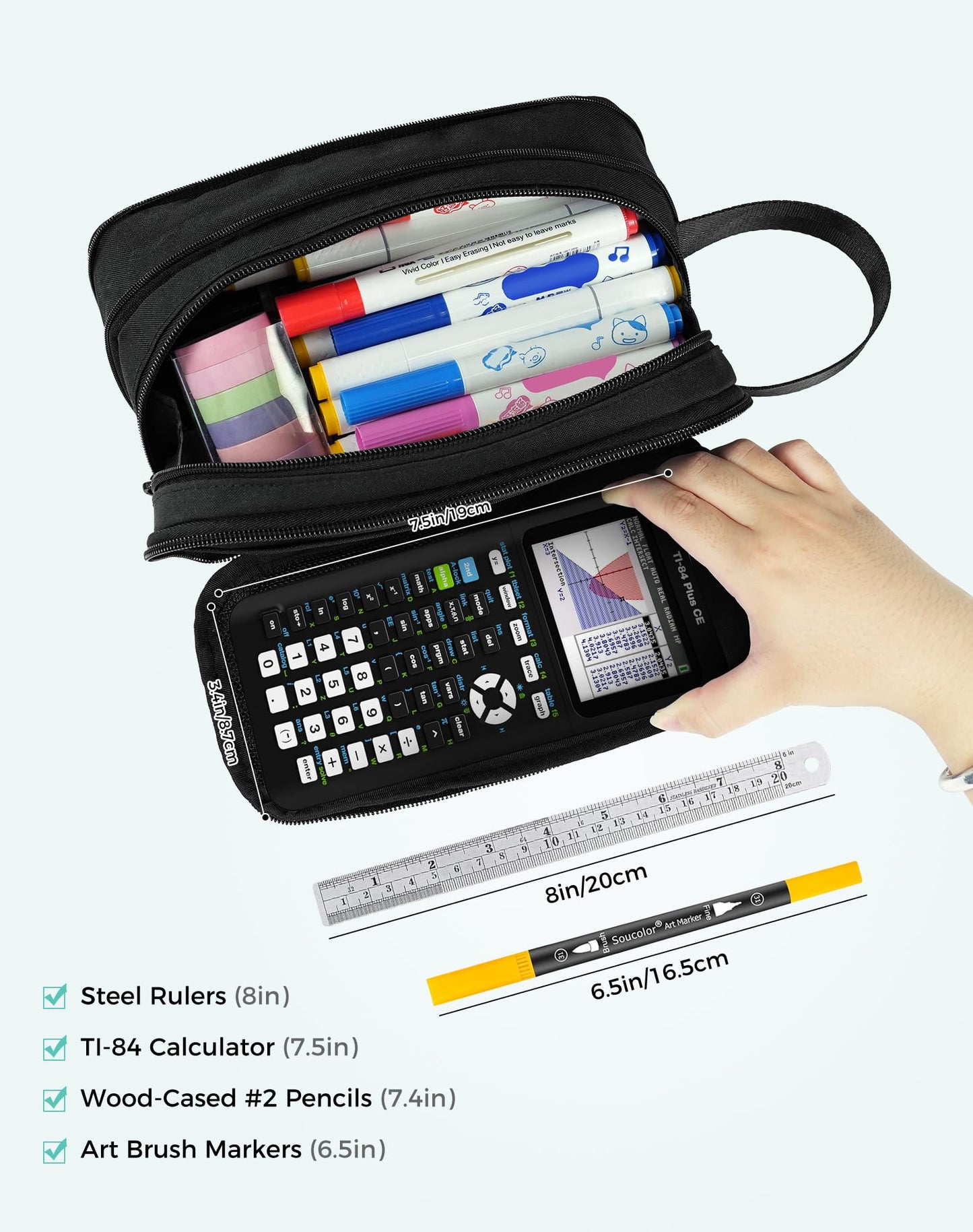 Fmeida Pencil Case Pouch Expandable - Extra Large Pencil Pouch Aesthetic Pencil Bag Office Stationery Organizer with Handle for Adult Men Women Back to School Supplies - Black