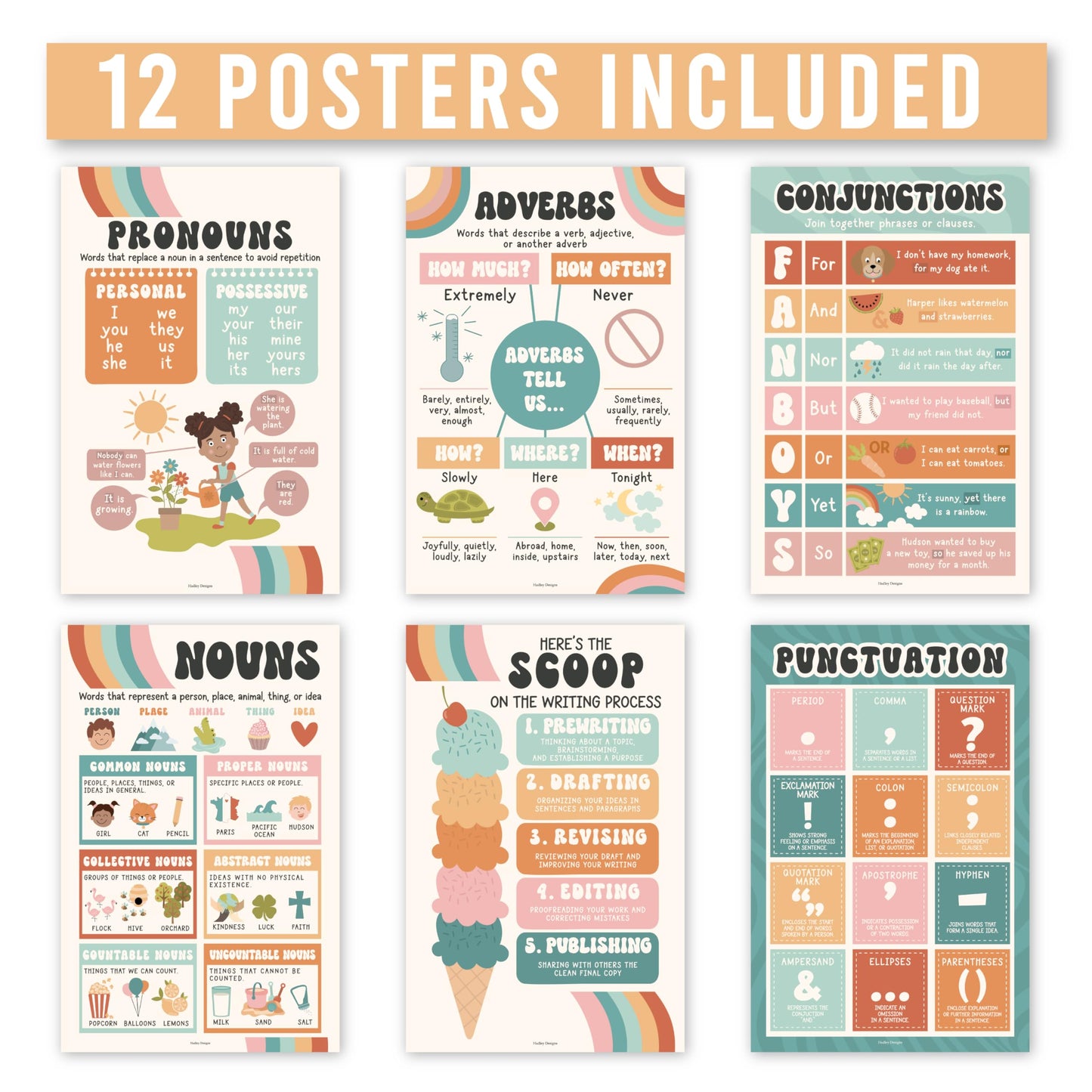 Parts of Speech Posters for Classroom Must Haves - 12 Grammar Posters, Writing Process for Homeschool, Elementary & Middle School, ELA 3rd 4th & 5th Grade Teacher Must Haves, Retro Classroom Decor