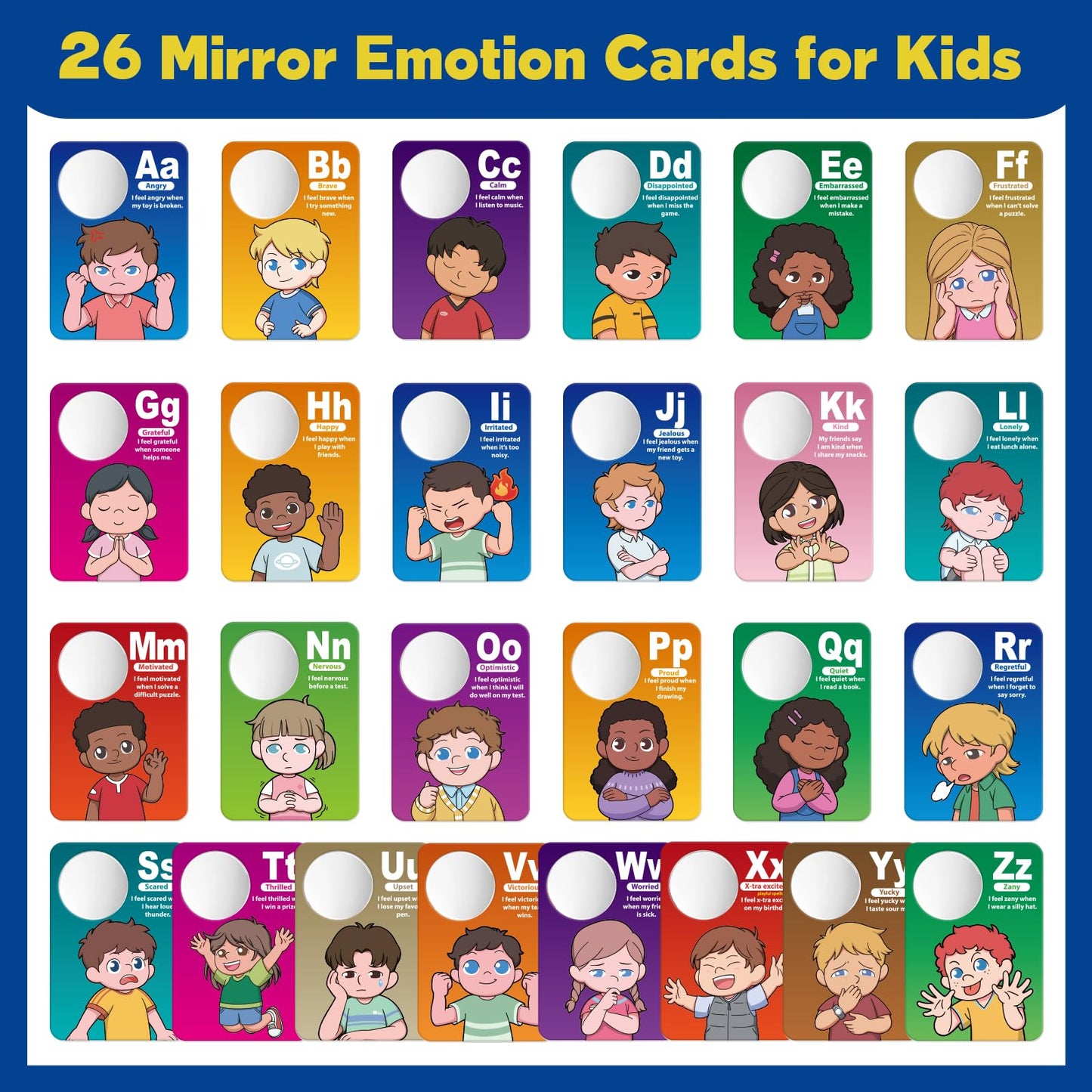 Broytain Emotion Cards for Kids, 26 Feelings Cards with Built-In Mirror, SEL Learning Flashcards with Coping Skills, ADHD/Autism Learning Materials, Emotions Flashcards for Therapy, Home Use