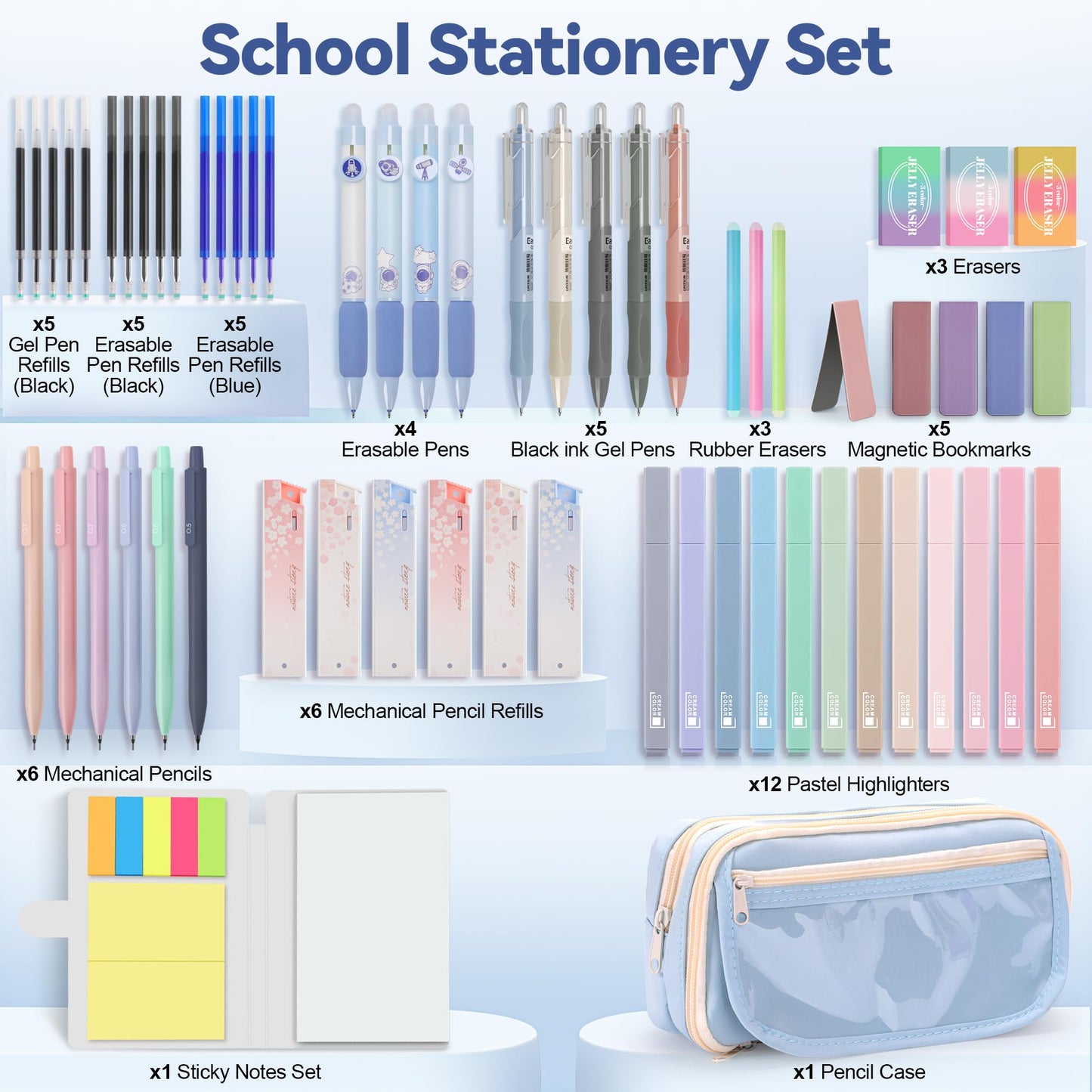 DazSpirit 61 PCS Aesthetic School Supplies Set with Cute Pencil Case, Pastel No Bleed Highlighters, Gel Pens, Erasable Pens, Mechanical Pencils, Refills, Sticky Notes, Complete Stationery Kit