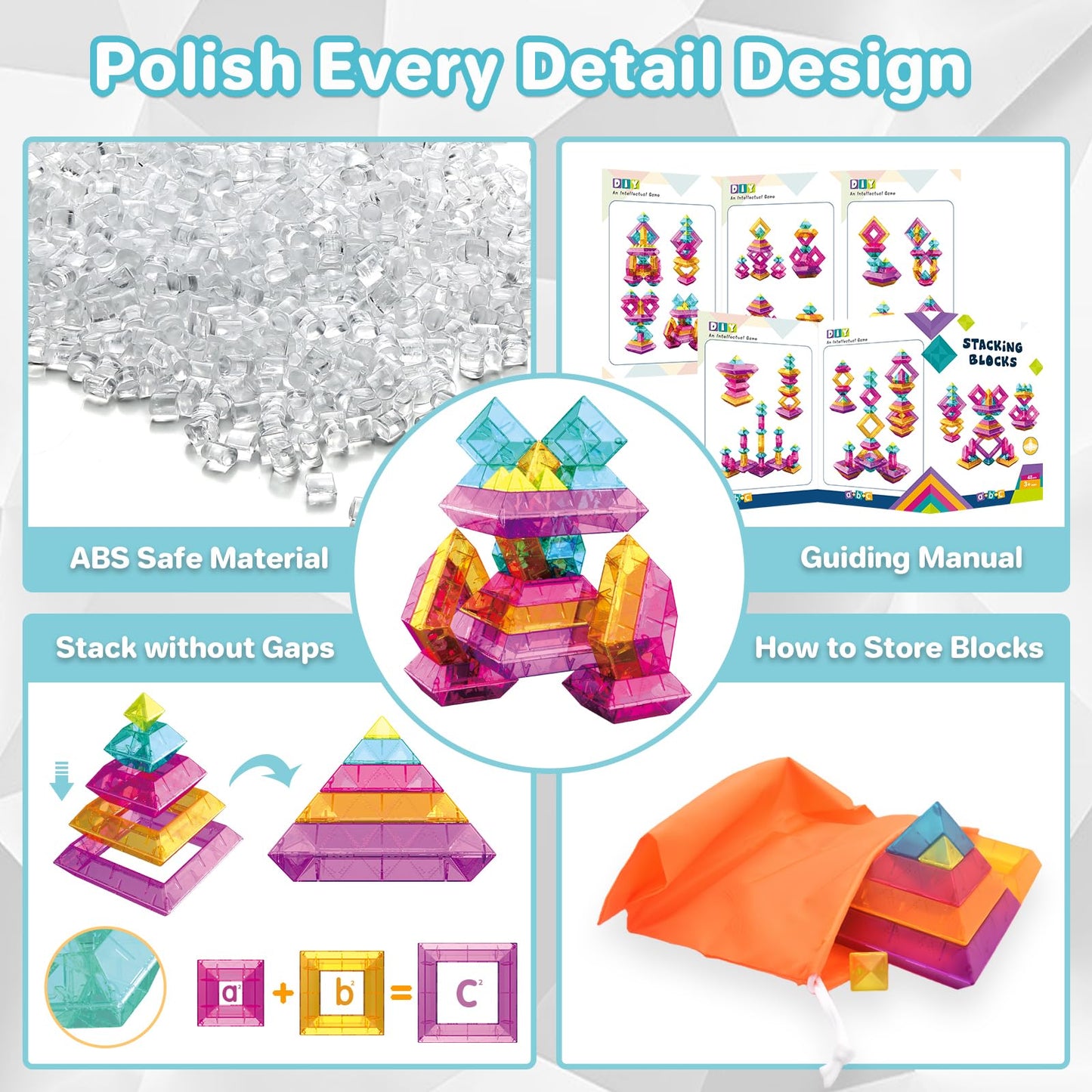 48 PCS Sensory Stacking Blocks, Light Table Compatible Building Blocks, STEM Educational Learning Resources for Toddlers Boys Girls Ages 3+