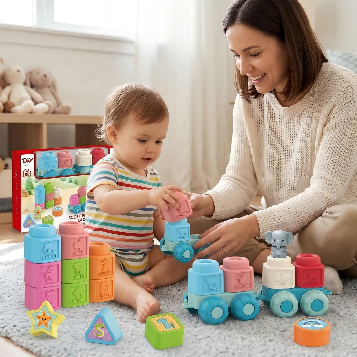 Soft Blocks Montessori Stacking Toys for toddlers 1-3, 29 PCS Baby Building Blocks, Educational Learning Toys with Fruits, Animals, Colors & Shapes, Connectable Texture Blocks Vehicles Festival Gift