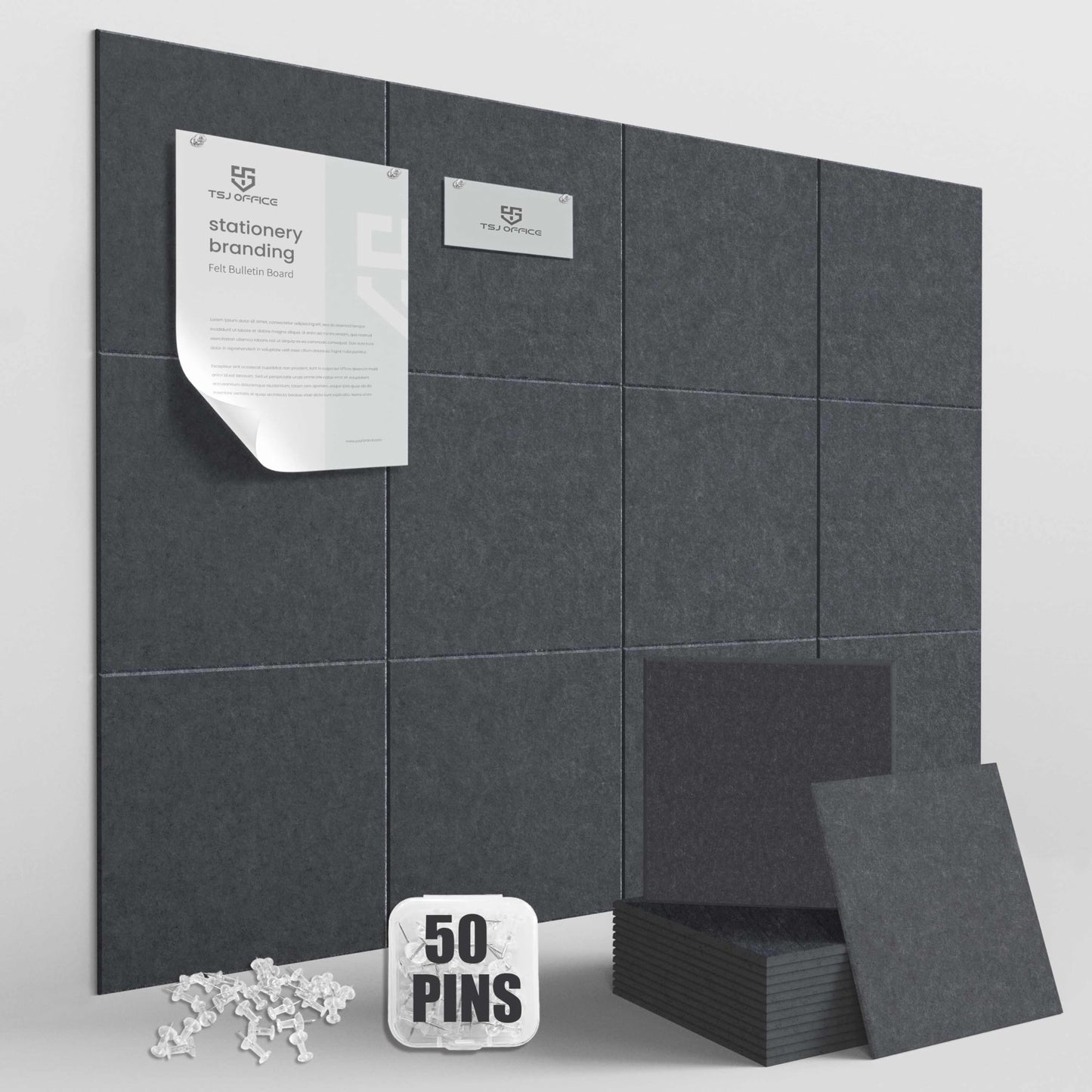 TSJOFFICE Large Cork Board for Wall - 48" x 36" Bulletin Board with 50 Pushpins for Office Decor, Pin Board 12 Pack Felt Wall Tiles with Safe Removable Adhesive Tabs, Corkboard for Home Office - Grey