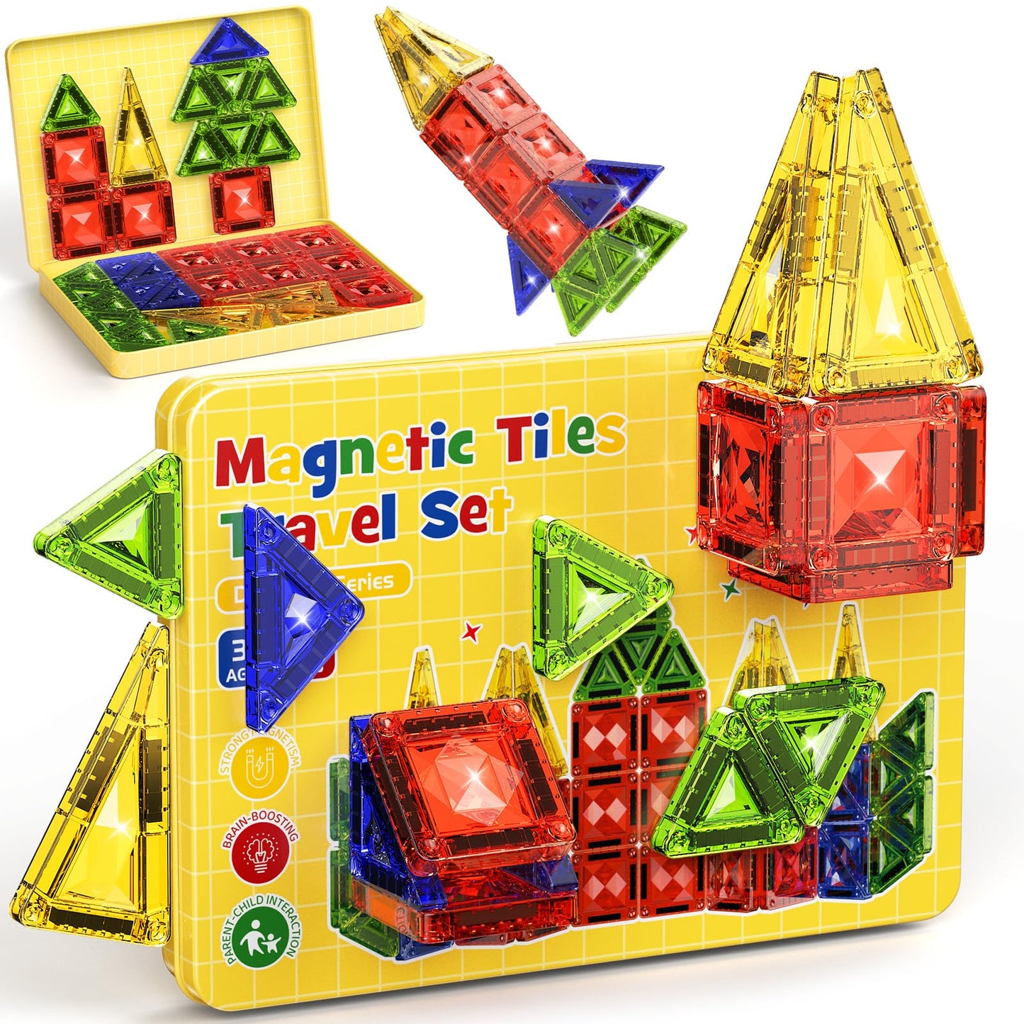 Mini Magnetic Tiles Travel Set - 40PCS Diamond Texture Magnetic Building Blocks for Kids, 10% Thicker & Portable Yellow Metal Storage Box, Montessori STEM Educational Toys Gift for Ages 3+