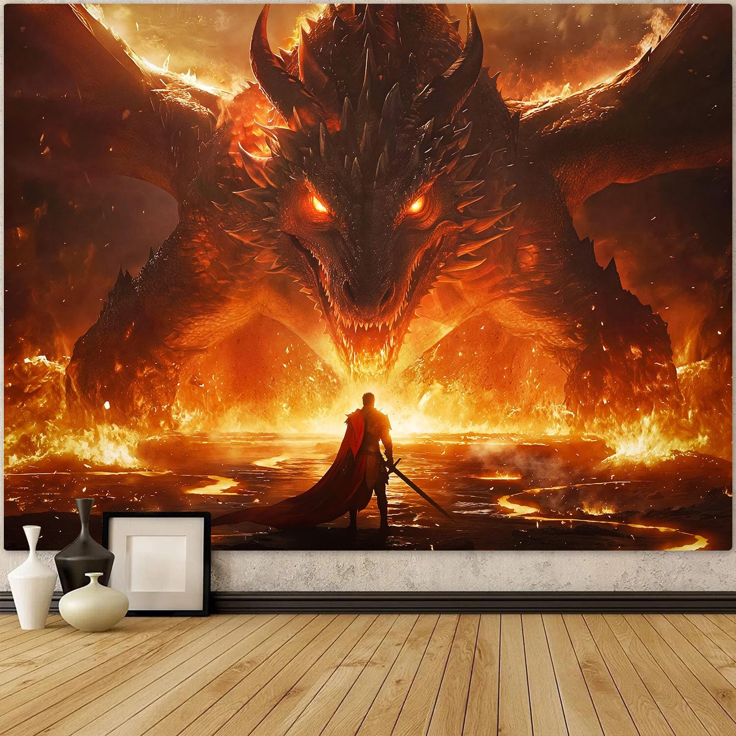 Spenlife Flaming Dragon Showdown Wall Tapestry, Fantasy Brave Warrior Tapestries for Room Decor, Intense Tapestry 60x44 Inch