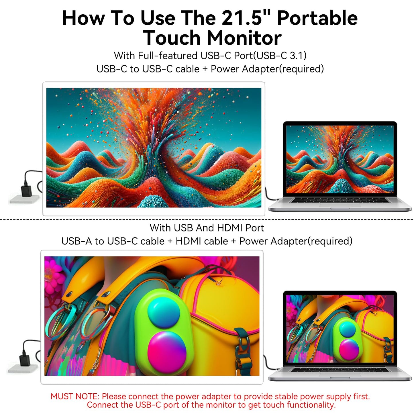 Prechen 21.5 Inch Portable Touchscreen Monitor, 1080P Computer Touch Screen w/VESA Stand Touch PC Display, 75Hz, Multi-Touch Monitor, DC HDMI & USBC for Phones PC Phone Business,White