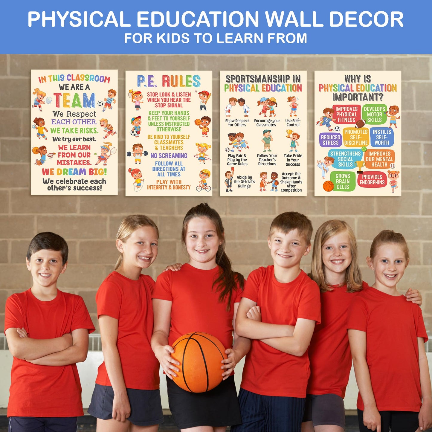 Lalunia 4 Pcs Classroom Exercise Posters (11x16) - Physical Education Class Rules Poster Decoration, Welcome to P.E Wall Art, Kids Workout Activity, Sports Education Supplies for PE Teachers