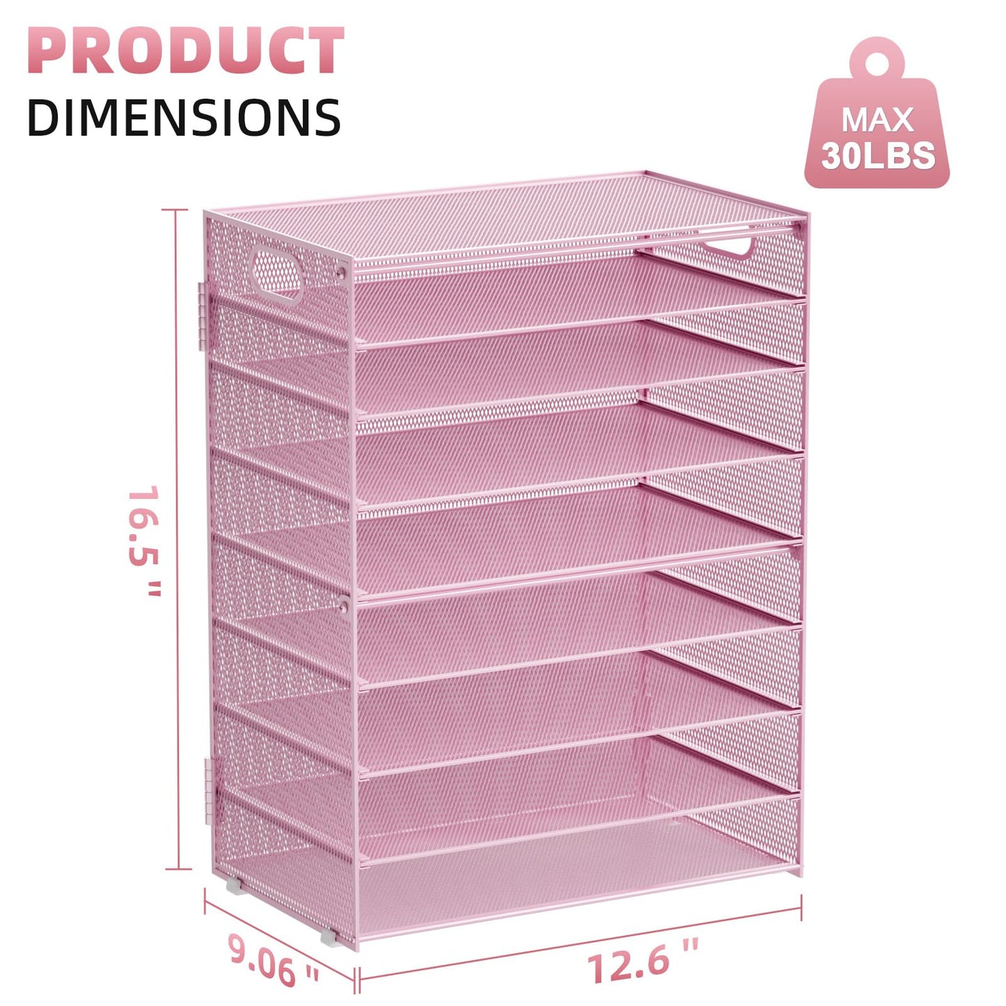Marbrasse Paper Organizer Letter Tray, 9 Tier Mesh File Organizer with Handle, Paper Sorter Desk Organizer for Home Office Supplies - Pink