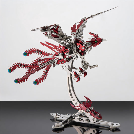 Gold-Plated Metal Phoenix Model Kit - 3D Stainless Steel Mythical Bird Puzzle for Adults - Mechanical Firebird Figurine - Steampunk Kinetic Art Sculpture - Home Decor Gift(Phoenix-Red)