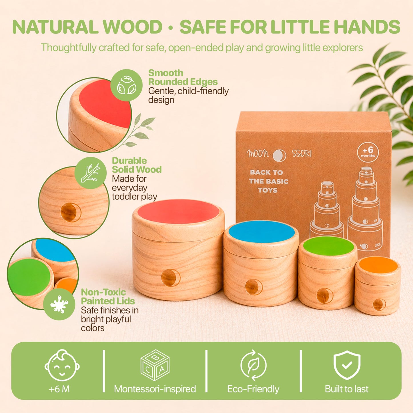 Wooden Stacking Cups for Toddlers 1-3 – Montessori Baby Toy for Sorting, Nesting & Stacking, Natural Wood Learning Toy for Fine Motor Skills
