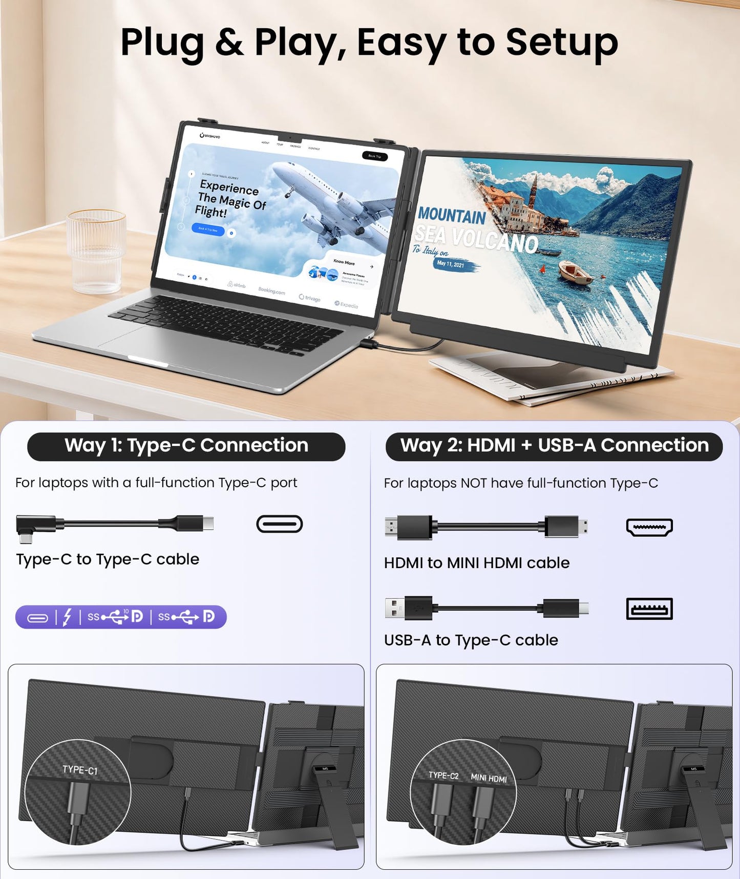 Orfibz 15.6" Laptop Screen Extender, 1080P FHD Detachable Laptop Monitor Extender, One Cable Plug & Play Portable Travel Monitor for 14"-17.3" Laptop Compatible with Wins/Mac/Chrome/Android