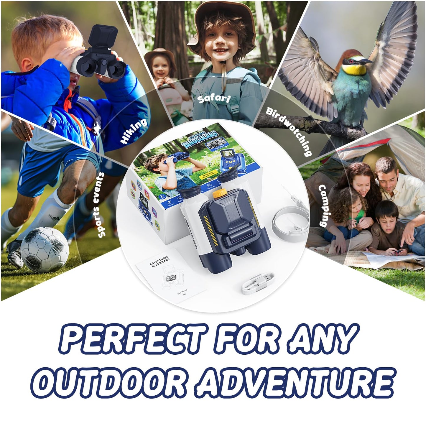 Ahalfcit Binoculars for Kids with Night Vision, 2.4" HD Screen & 10X Zoom for Photo and Video - Outdoor Adventure Binoculars Bird Watching, Camping, Hiking, Gifts for Kids Ages 4+ (White)
