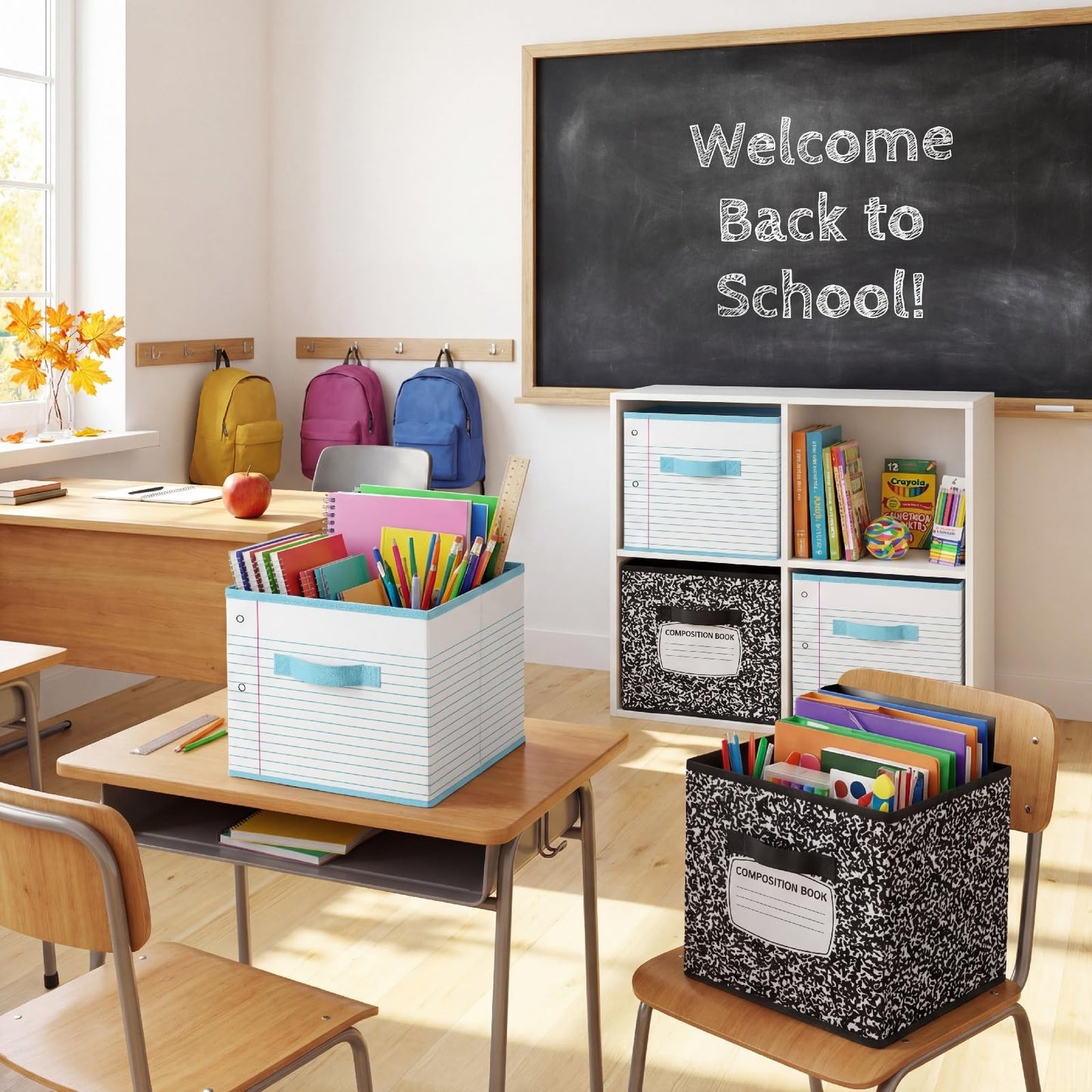 Briwooody 6 Pcs 11 Inch Composition Book Classroom Fabric Storage Bins Cube Classroom Must Have Cubby Basket Bin Notebook School Collapsible Storage Treasure Prize Box for Daycare Elementary Preschool